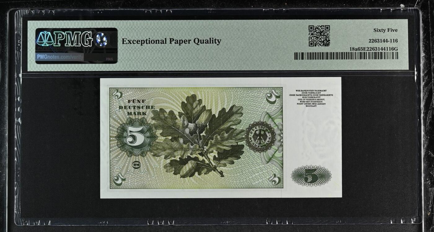 收藏联盟Quantum Auction 第411期拍卖 @征集拍品 长期供货可享分佣福利  1960年联邦德国5马克 初版无47 158尾靓号 A冠 PMG65E Germany - Federal Republic, 5 Deutsche Mark 1960 - Wmk: Portrait