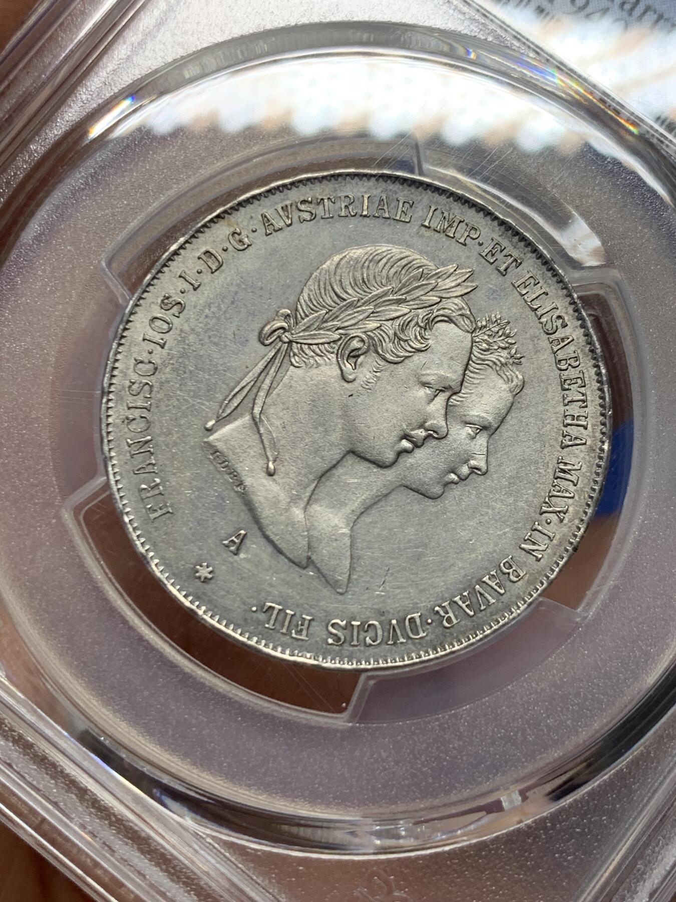 《竞宝斋》第360场 周日，周一  2场连拍 （全场包邮） PCGS UNC 奥匈帝国 奥地利 1854年 茜茜公主大婚 1盾银币