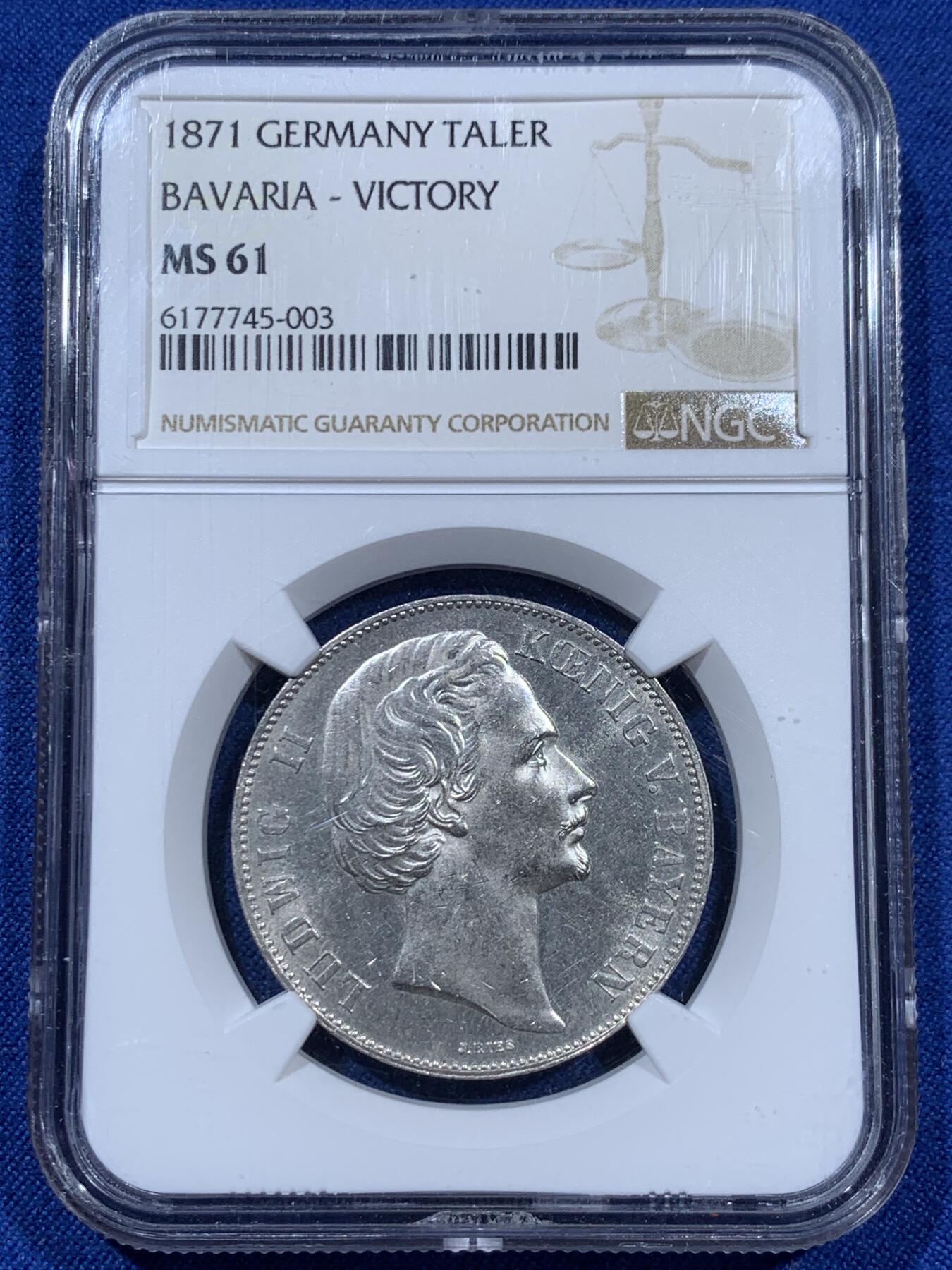 《竞宝斋》第360场 周日，周一  2场连拍 （全场包邮） NGC MS61 德国1871年普法战争胜利泰勒银币 币面光度好，人物细节到位，上海严评。