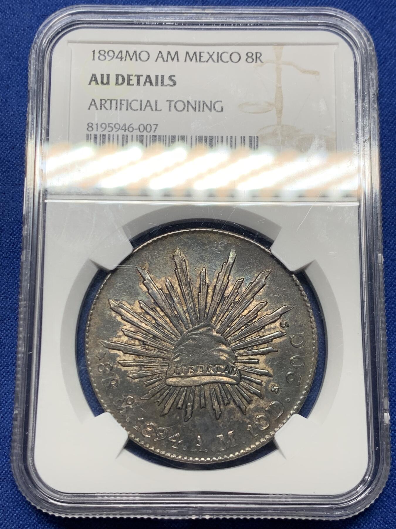 《竞宝斋》第360场 周日，周一  2场连拍 （全场包邮） NGC AUD 墨西哥1894年MO AM花边鹰洋8R银币 底板状态良好，无戳这样的上海老包浆已经很少了。