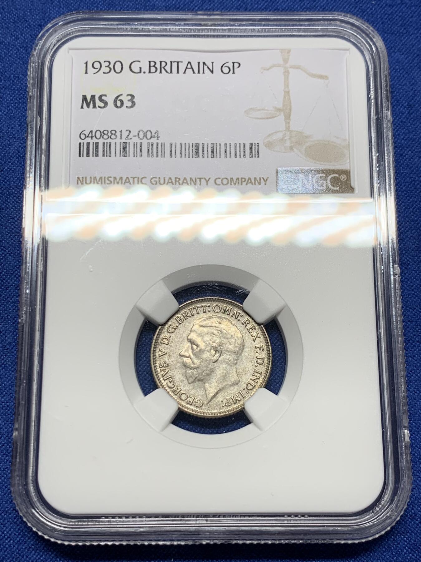 《竞宝斋》第360场 周日，周一  2场连拍 （全场包邮） NGC MS63 英国1930年乔治五世6便士银币，六浆果版。此版流通充分，高分比站狮版少见很多，记录仅4枚更高分。乔五凑套必备