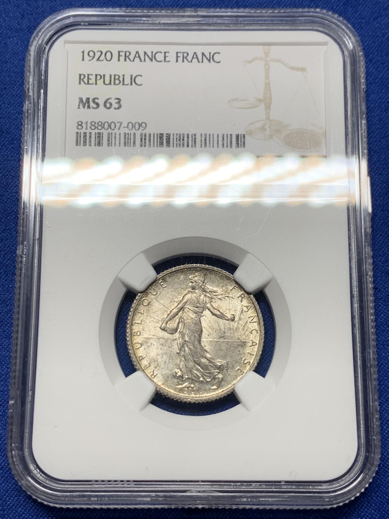 《竞宝斋》第360场 周日，周一  2场连拍 （全场包邮） NGC MS63 法国1920年播种女神1法郎银币