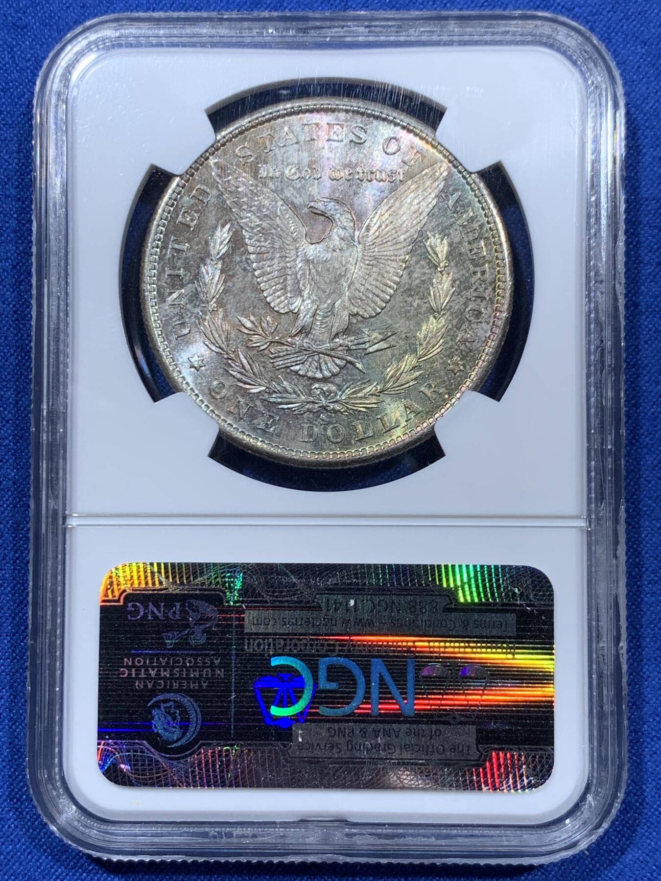 《竞宝斋》第360场 周日，周一  2场连拍 （全场包邮） NGC MS64 美国1880-S摩根1美元银币 老盒标签 背面带彩 状态非常好