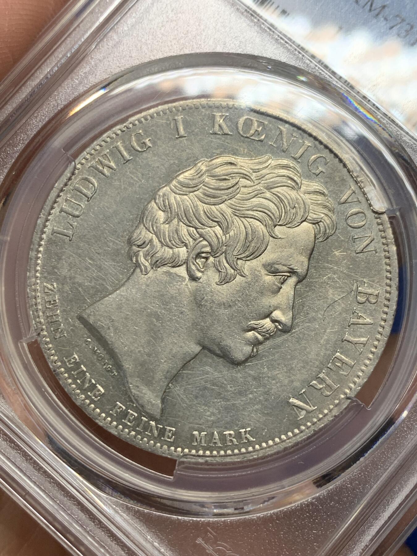 《竞宝斋》第360场 周日，周一  2场连拍 （全场包邮） PCGS AU55 德国 1827 路德维希一世 巴伐利亚-符腾堡州海关条约纪念大泰勒大银币 少见品种