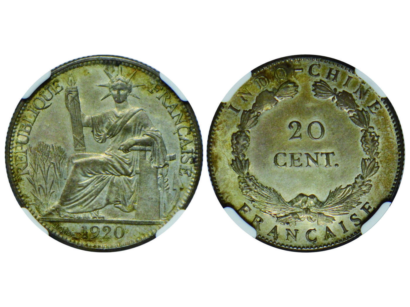 冠军2025年4月8日香港拍卖 （1）1892年A法屬印度支那1分銅幣，NGC AU 58 BN
（2）1901年A法屬印度支那10分銀幣，NGC AU DETAILS
（3）1900年A法屬印度支那20分銀幣，NGC AU55
（4）1920年法屬印度支那20分銀幣，NGC UNC DETAILS
共4枚，包克收藏