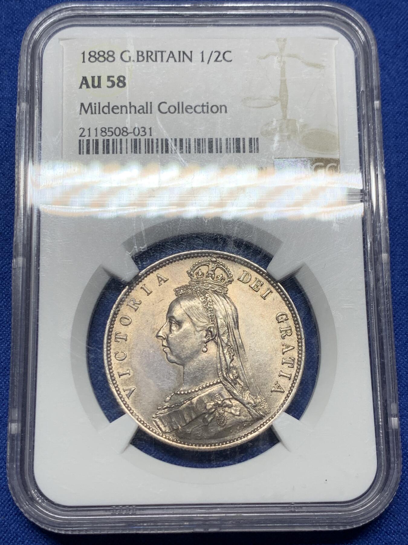 《竞宝斋》第360场 周日，周一  2场连拍 （全场包邮） NGC AU58 英国1888年维多利亚高冠半克朗银币 好年份