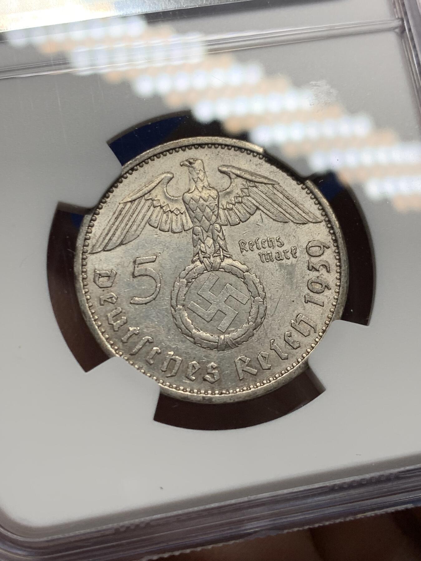 《竞宝斋》第360场 周日，周一  2场连拍 （全场包邮） NGC AU58 德国1939年A版兴登堡5马克银币