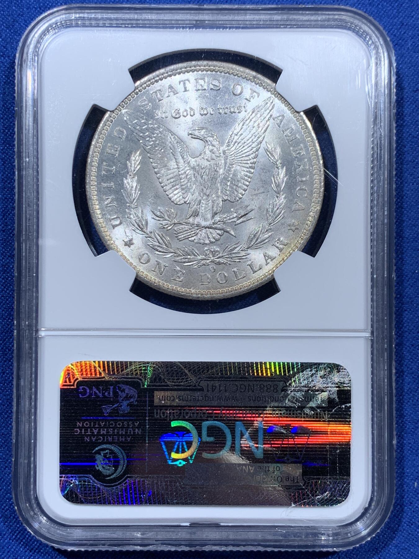 《竞宝斋》第360场 周日，周一  2场连拍 （全场包邮） NGC MS63 美国1885年O版摩根大银币，漂亮转光，O版鹰毛打这么完整不容易，鹰面细节深打浮雕感