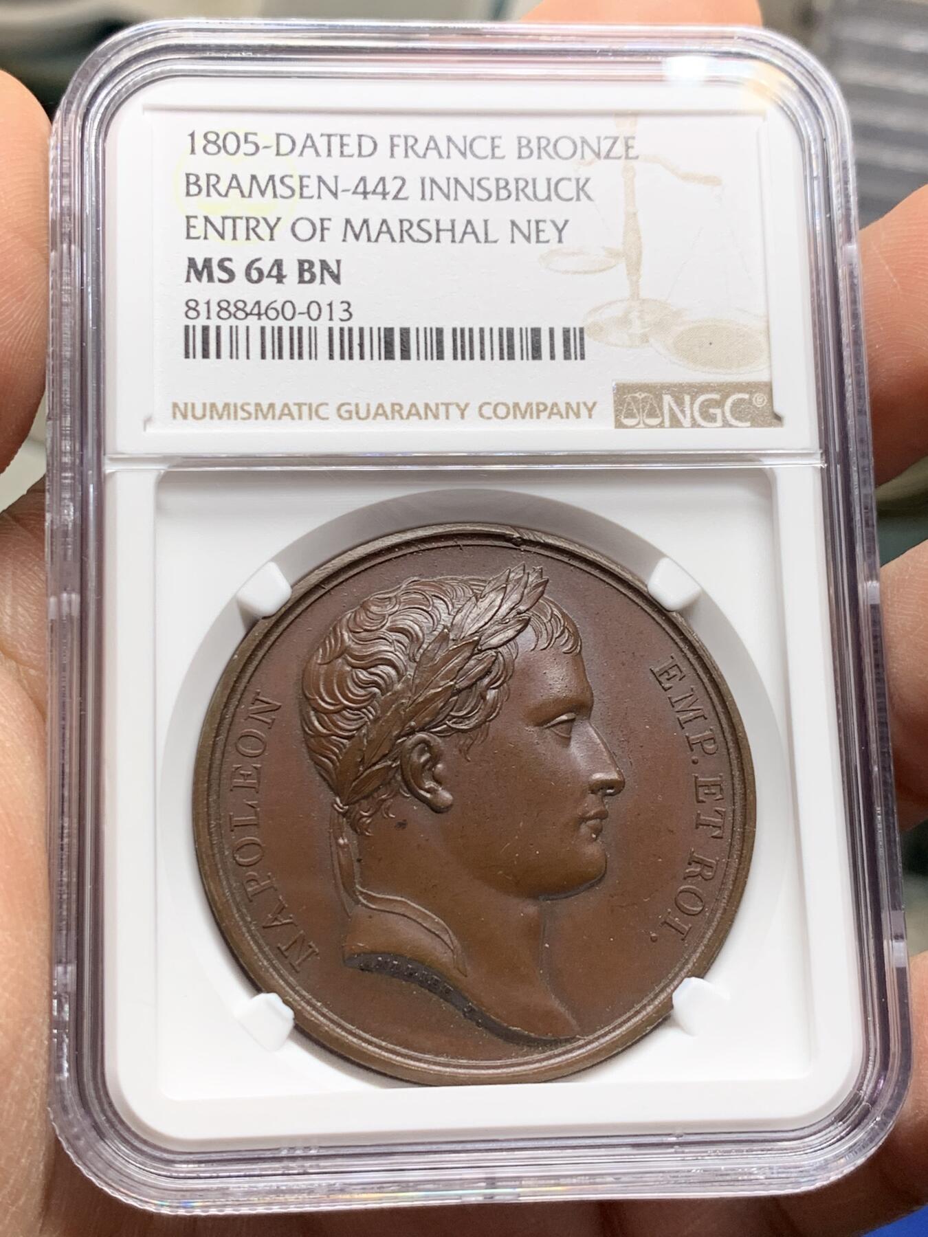 《竞宝斋》第360场 周日，周一  2场连拍 （全场包邮） NGC MS64BN 法国1805年拿破仑攻占因斯布鲁克铜章，加厚盒装，亚军分，背面的拿破仑身穿罗马式装束，非常漂亮
