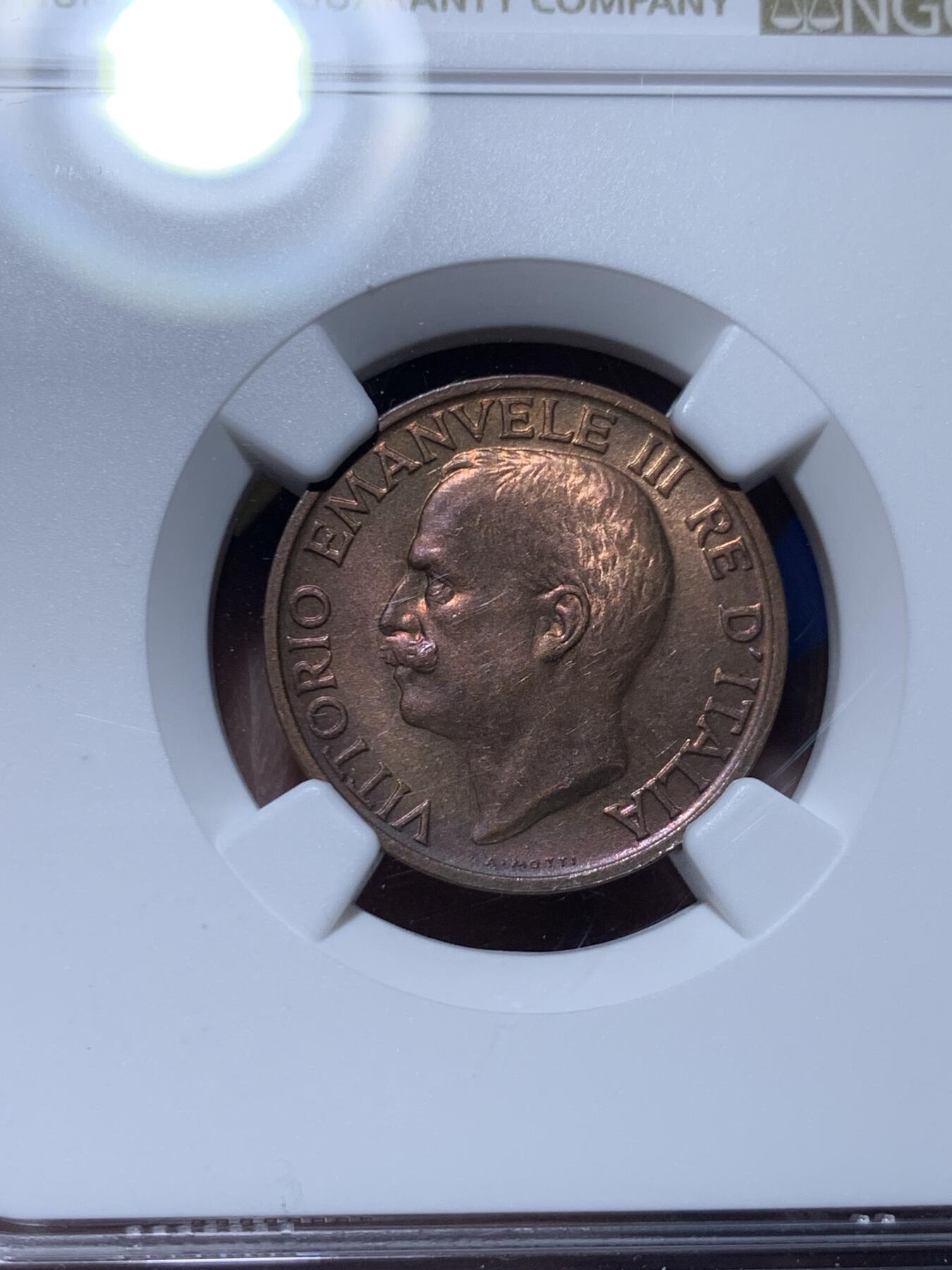 《竞宝斋》第360场 周日，周一  2场连拍 （全场包邮） NGC MS64RB 意大利1920年蜜蜂10分，铜光一流，意大利名誉品种，百年RB难得