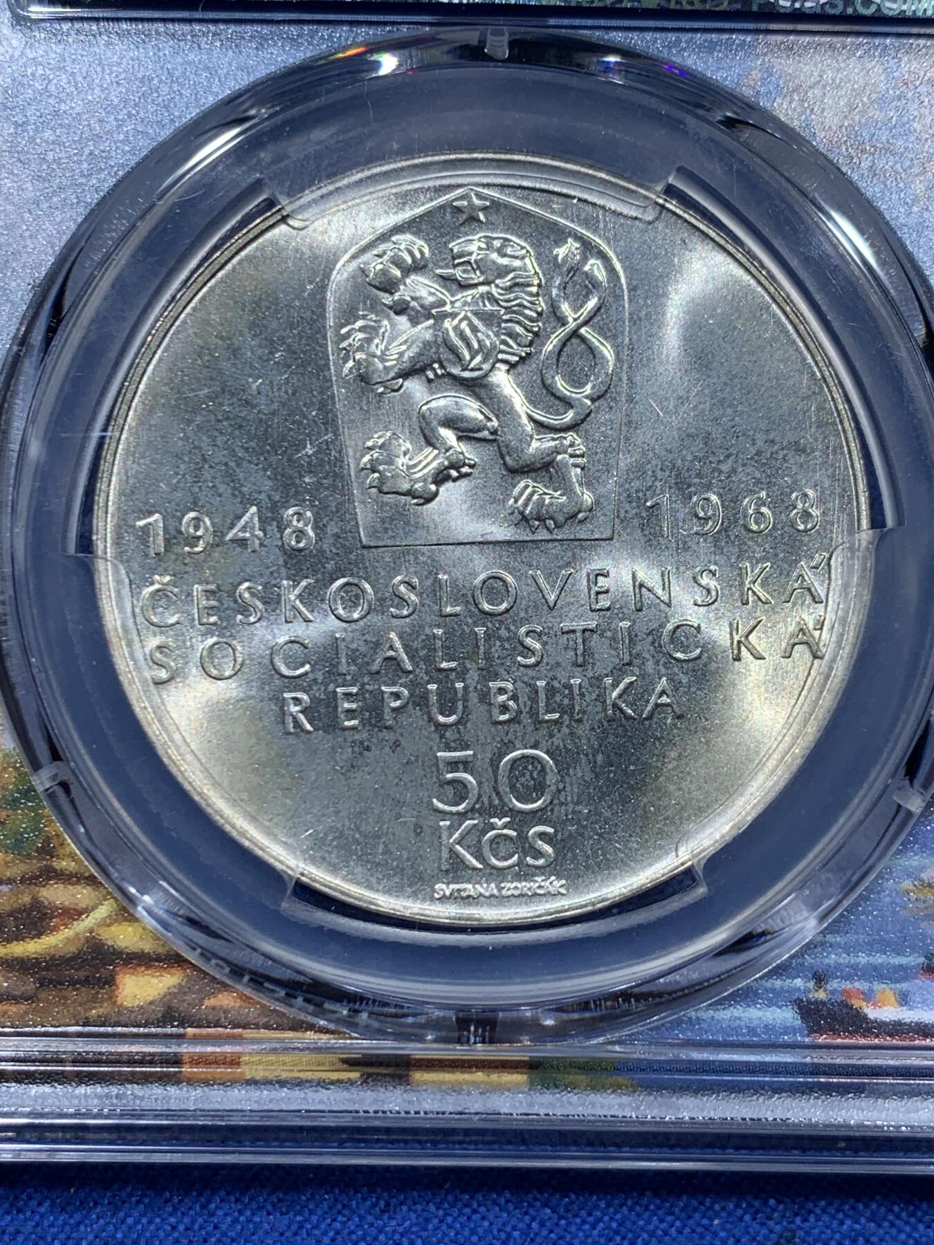 《竞宝斋》第360场 周日，周一  2场连拍 （全场包邮） PCGS MS66 捷克斯洛伐克1968年建国50年50克朗纪念银币，少见高分，花样年华的少女