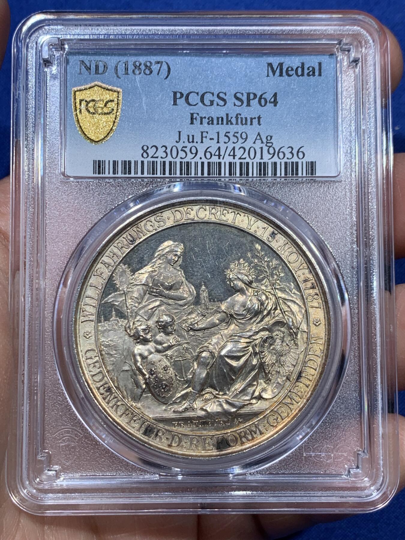 《竞宝斋》第360场 周日，周一  2场连拍 （全场包邮） PCGS SP64 德国 1887年 法兰克福-纪念法兰西与德意志宗教改革100周年大银章 唯一冠军分 极其稀少 背面鹰徽堪称登峰造极的美学典范 最新裸章成交价5400元