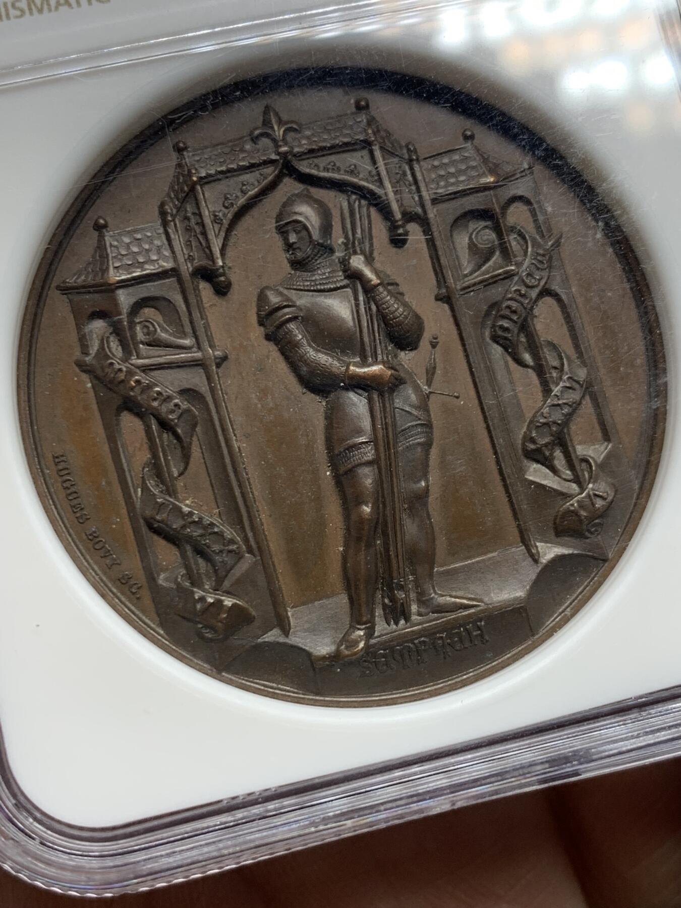 《竞宝斋》第360场 周日，周一  2场连拍 （全场包邮） NGC MS64BN 瑞士1886年森帕赫战役铜章 高浮雕 加厚盒