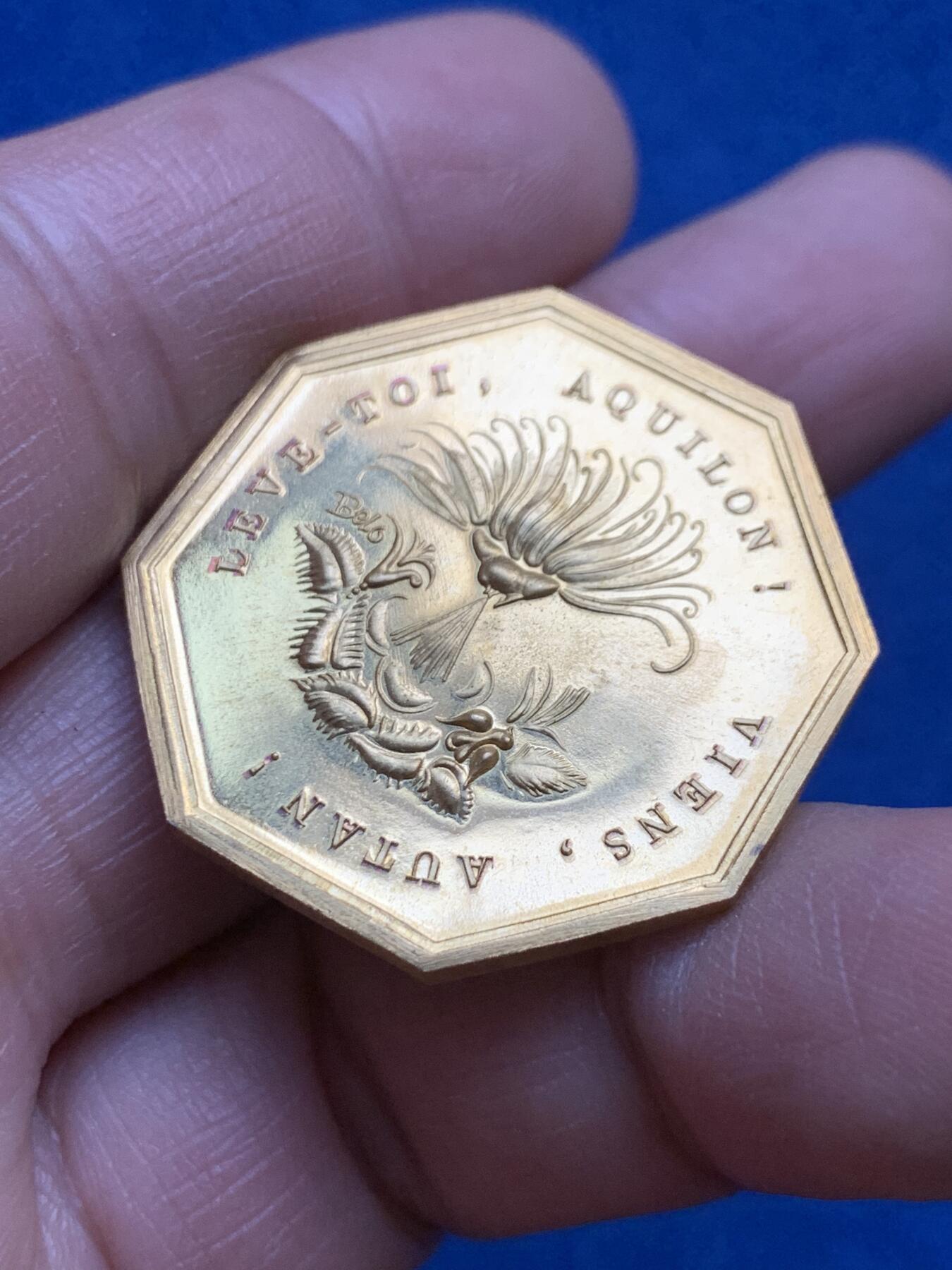 《竞宝斋》第360场 周日，周一  2场连拍 （全场包邮） 法国风吹草动八角镀金铜章 来吧，狂风！12.4克 31.5mm 丰饶角铜标