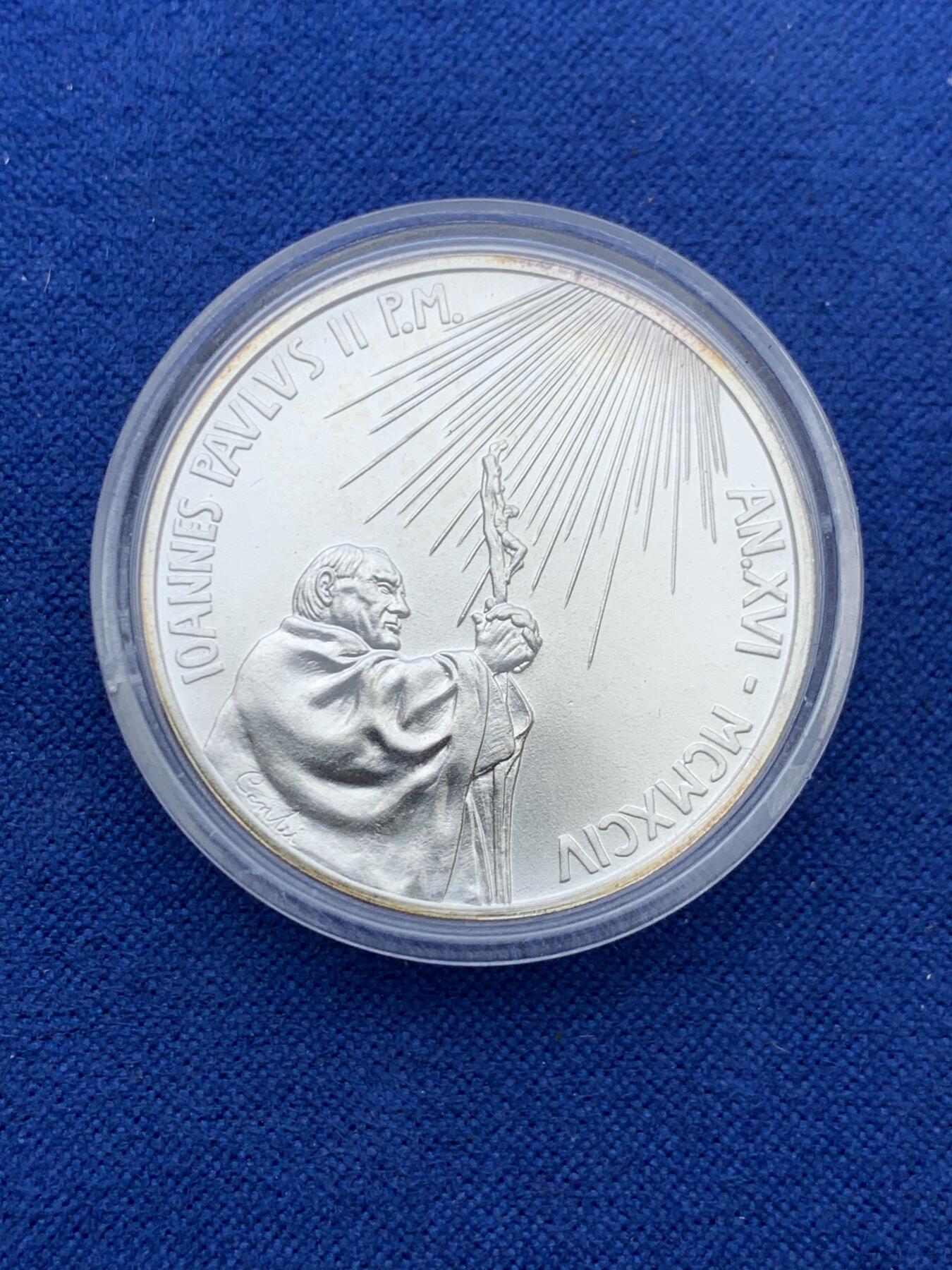 《竞宝斋》第360场 周日，周一  2场连拍 （全场包邮） 梵蒂冈1994年约翰·保罗二世-真理的光辉500里拉银币 带盒证