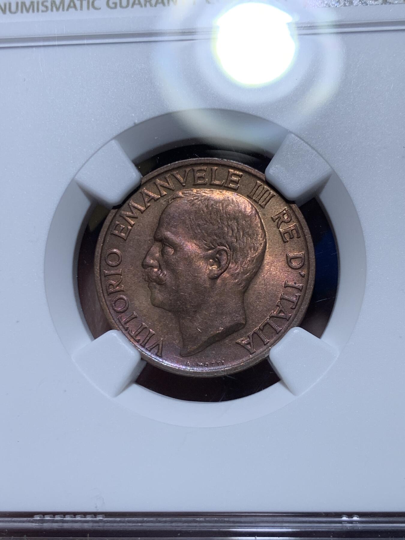 《竞宝斋》第360场 周日，周一  2场连拍 （全场包邮） NGC MS64RB 意大利1920年蜜蜂10分，铜光一流，意大利名誉品种，百年RB难得