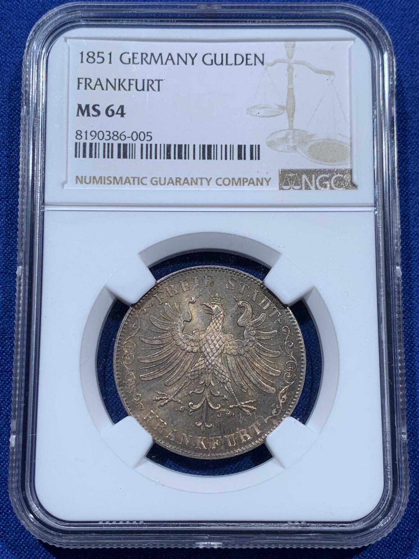 《竞宝斋》第360场 周日，周一  2场连拍 （全场包邮） NGC MS64 德国 1851年 法兰克福 1盾 银币 稀少小面值