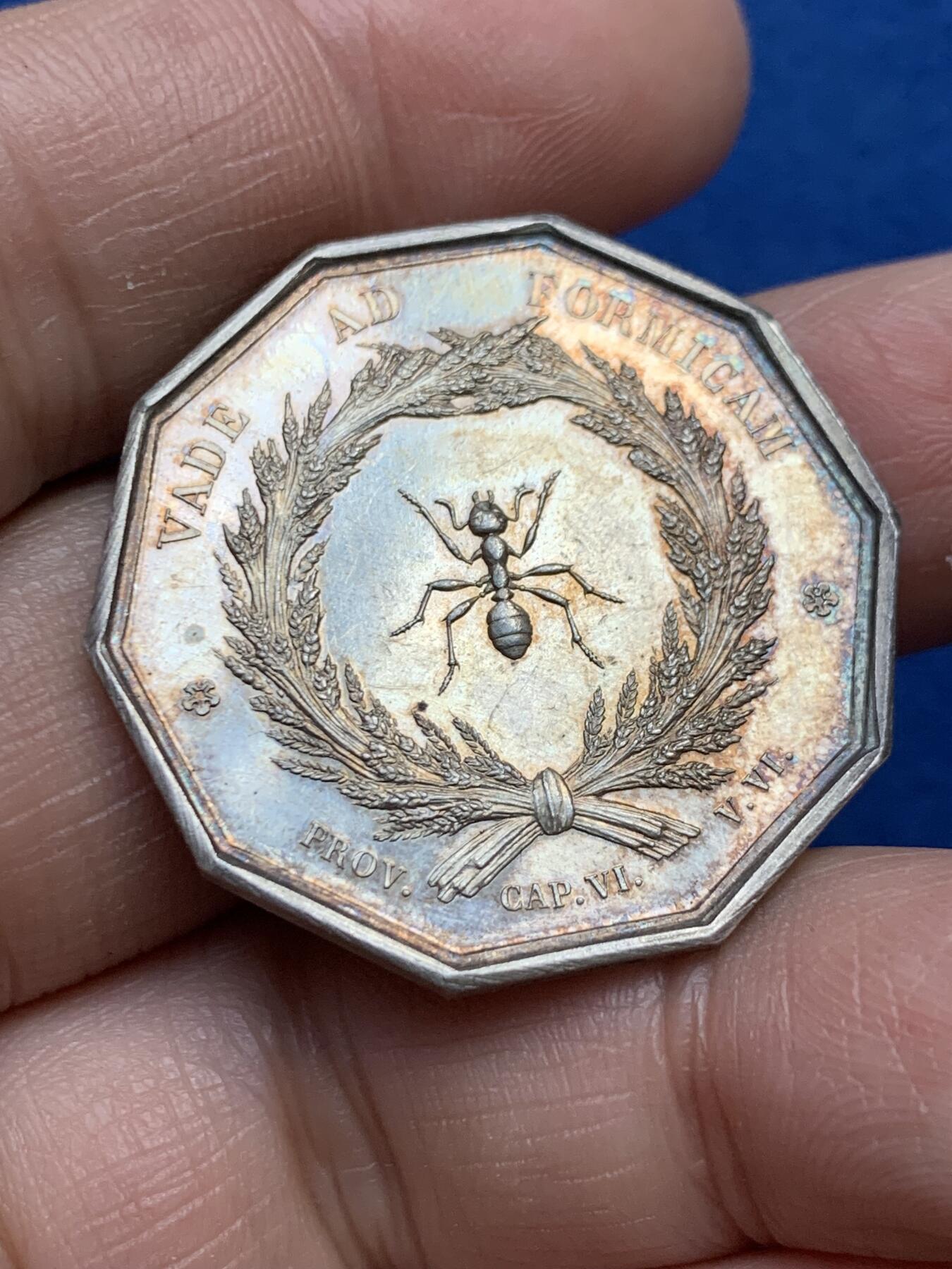 《竞宝斋》第360场 周日，周一  2场连拍 （全场包邮） 原光法国1822年里昂储蓄银行十角异型银质代币，可爱的蚂蚁，32mm，16克，蜜蜂Ar边铭。