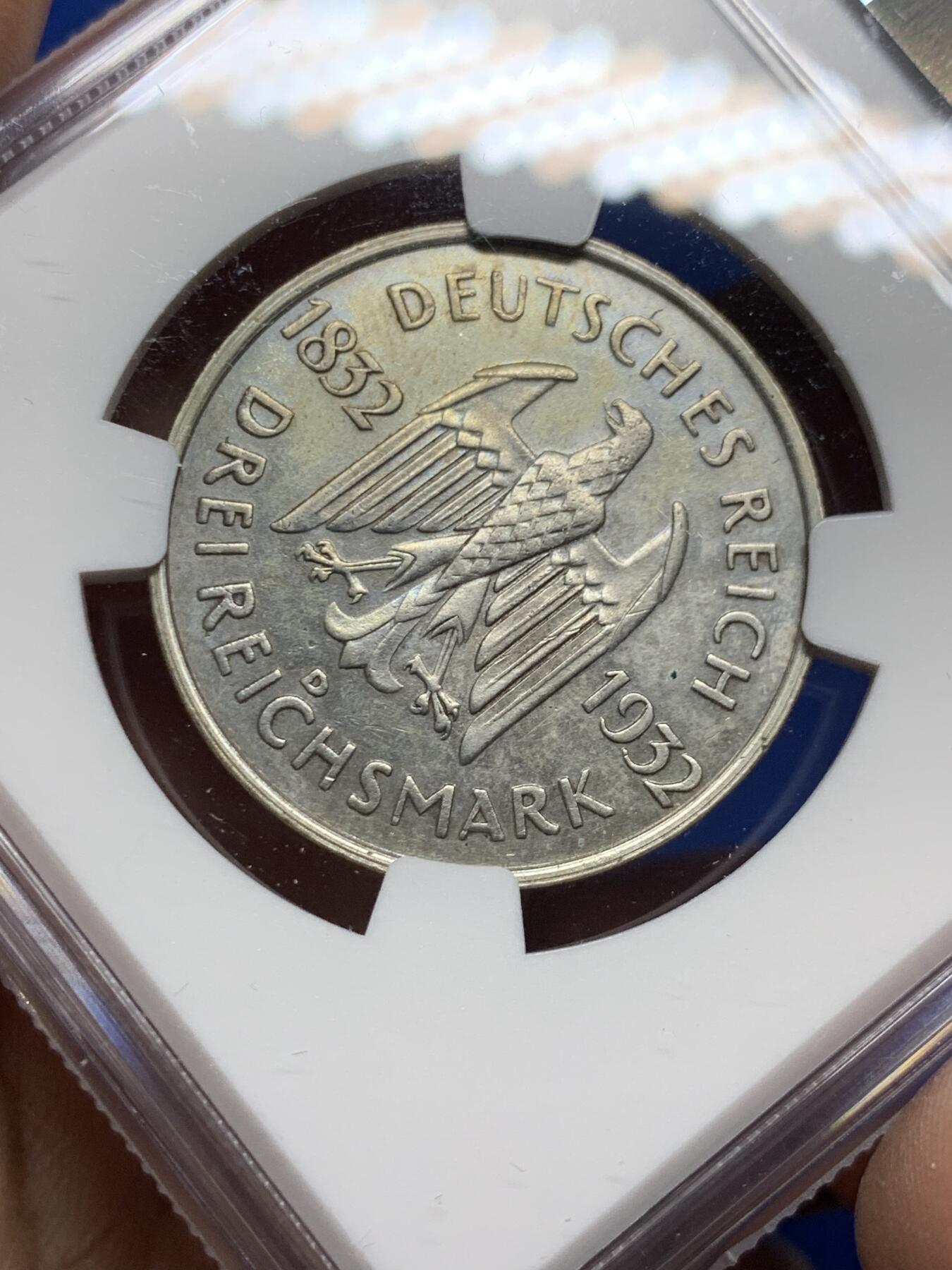 《竞宝斋》第360场 周日，周一  2场连拍 （全场包邮） NGC UNCD 德国魏玛1932F歌德逝世百年3马克银币