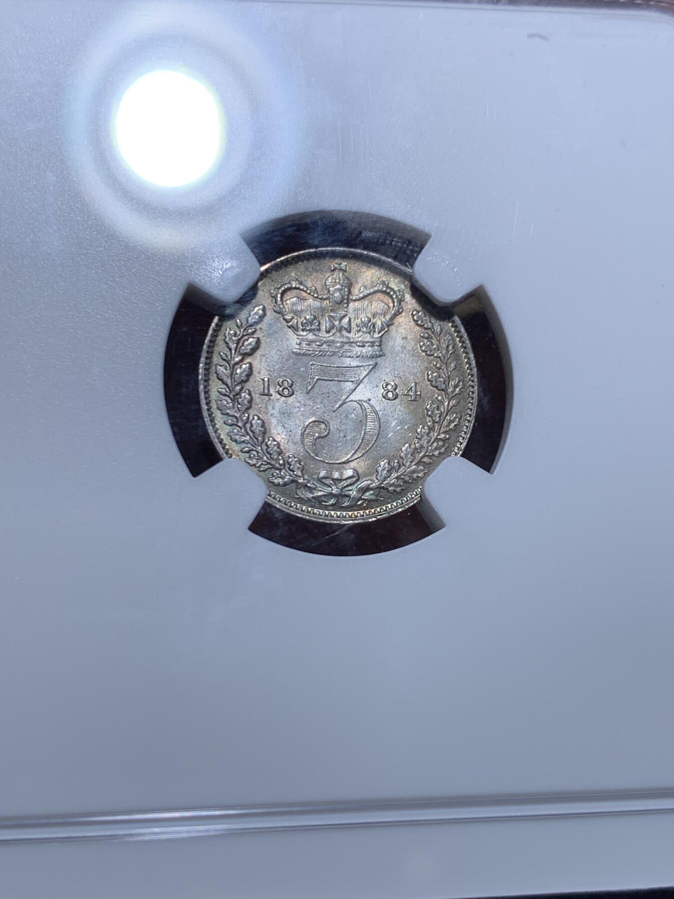 《竞宝斋》第360场 周日，周一  2场连拍 （全场包邮） NGC MS63 英国小维1884年3便士银币