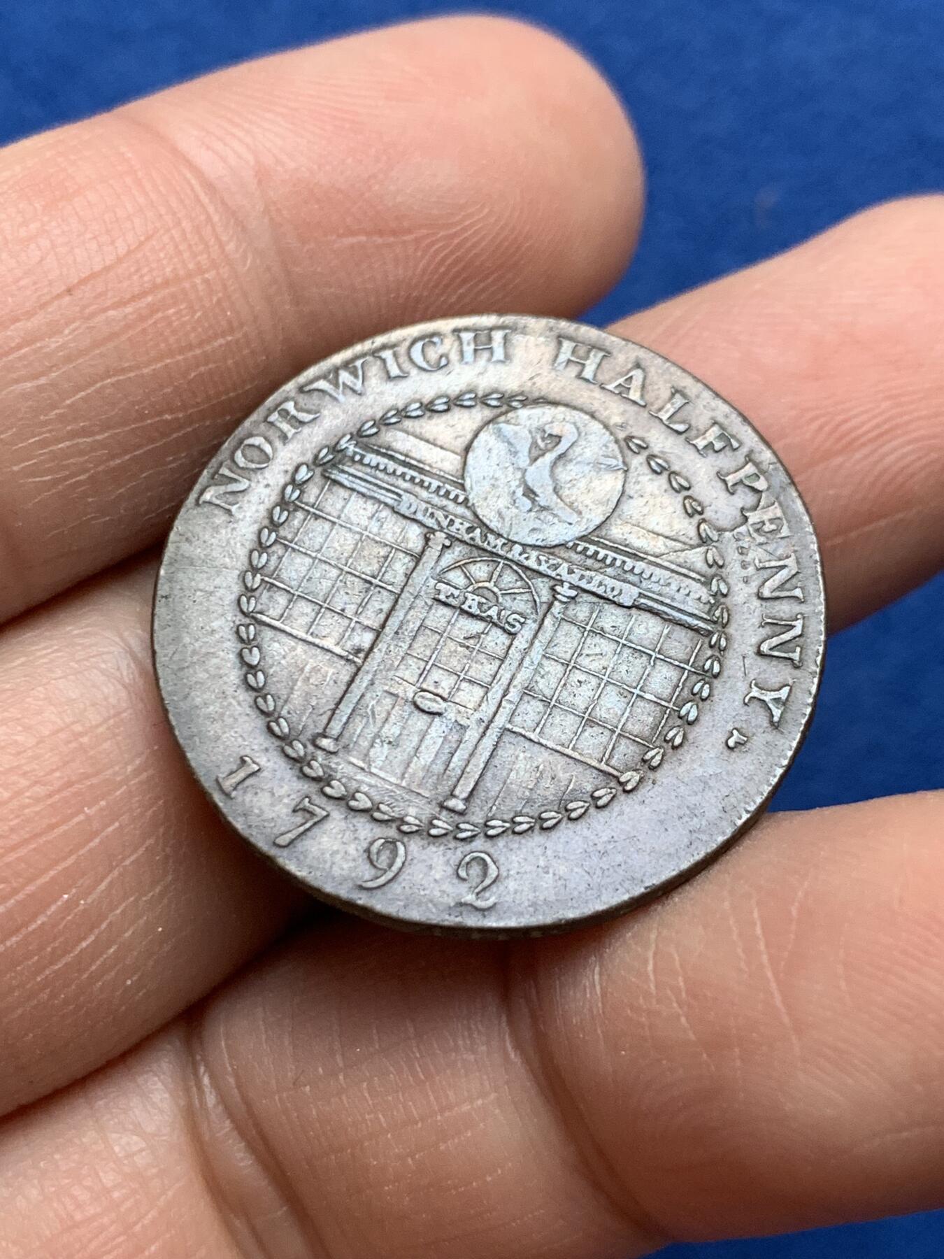 《竞宝斋》第360场 周日，周一  2场连拍 （全场包邮） 英国1792年诺福克郡诺里奇市半便士代币Token铜币，少见品种