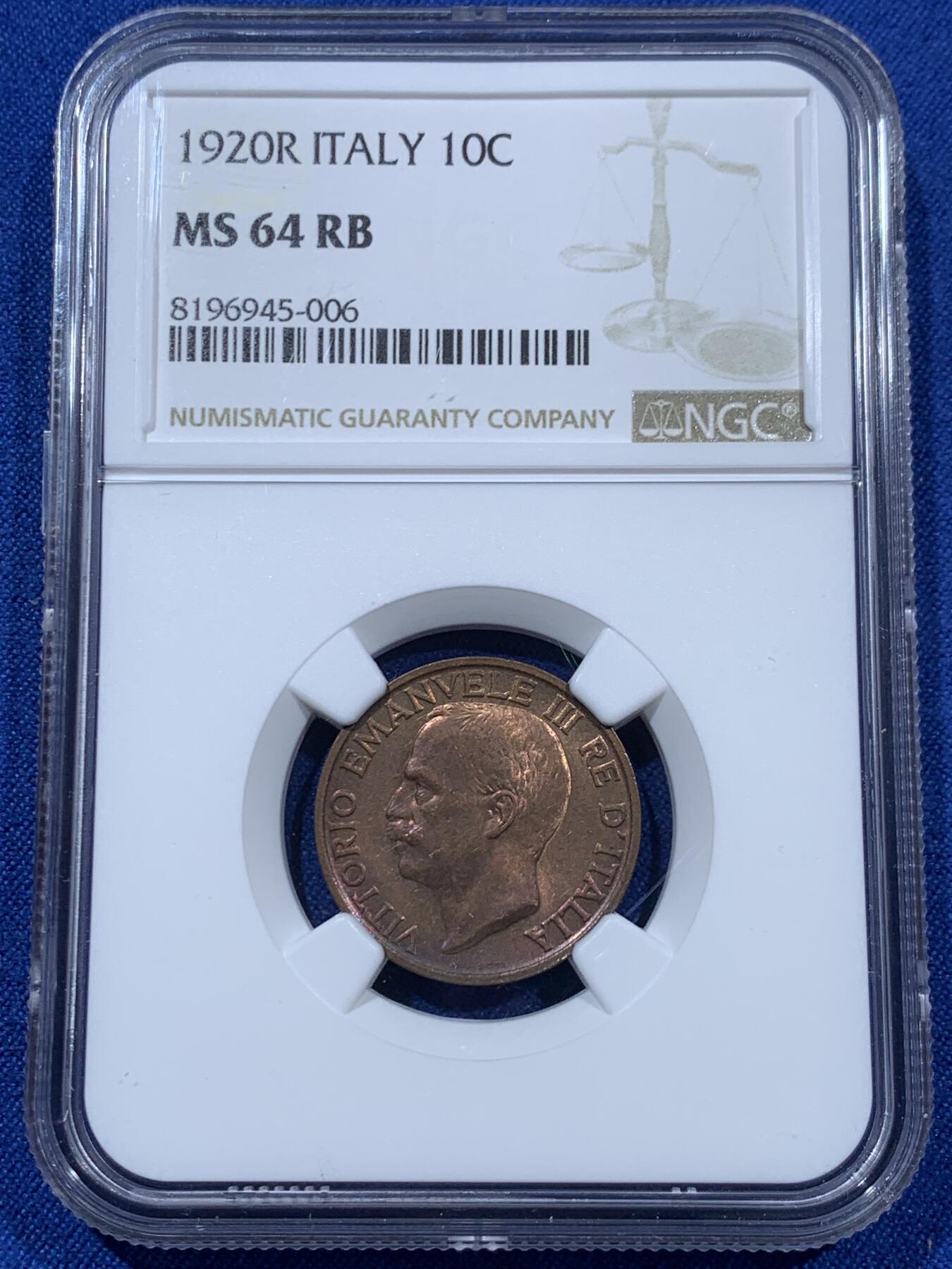 《竞宝斋》第360场 周日，周一  2场连拍 （全场包邮） NGC MS64RB 意大利1920年蜜蜂10分，铜光一流，意大利名誉品种，百年RB难得