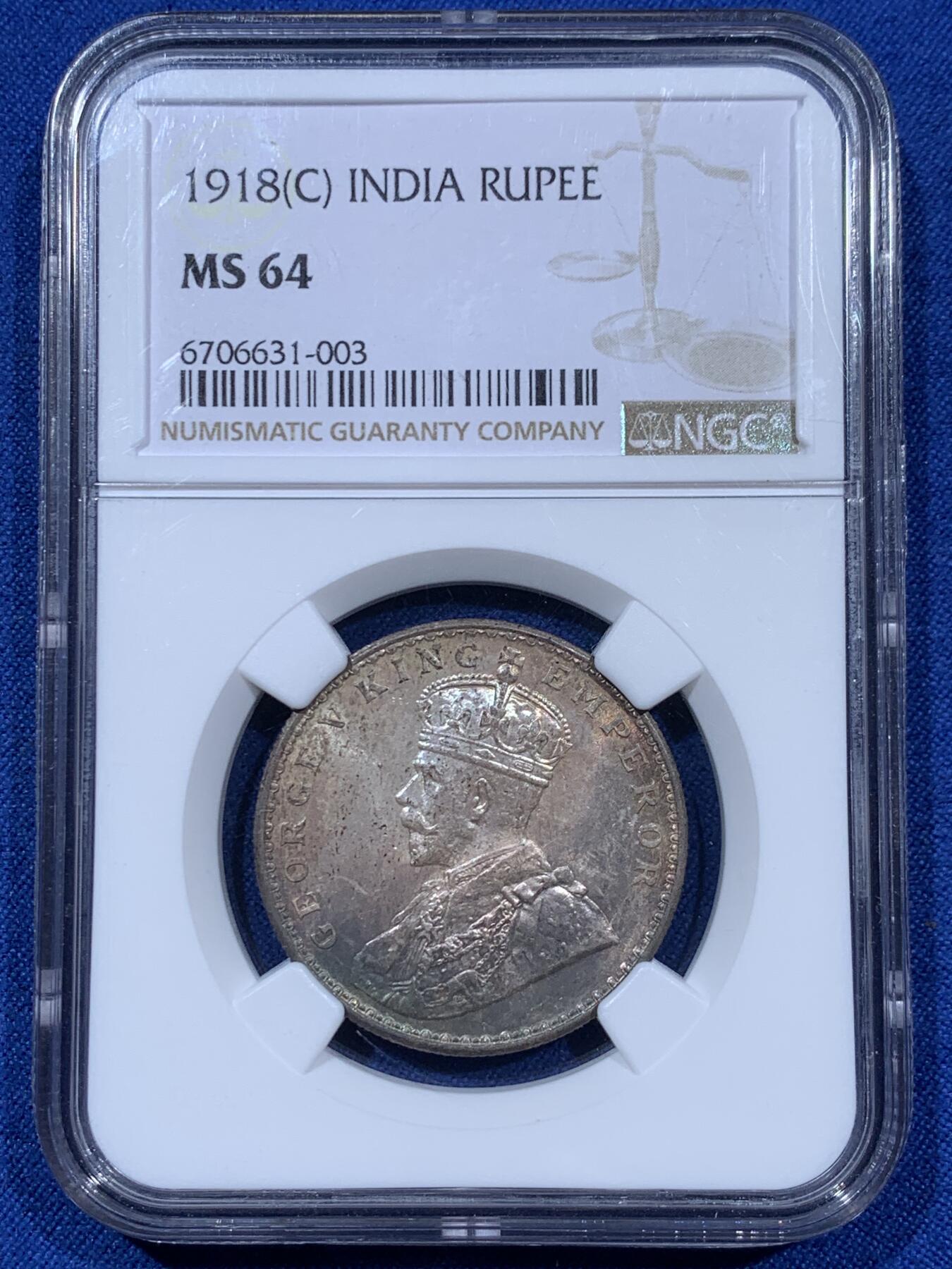 《竞宝斋》第360场 周日，周一  2场连拍 （全场包邮） NGC MS64 英属印度1918年乔治五世卢比 C版加尔各答造，这年份白币高分很多，但这么漂亮的火彩难得一见