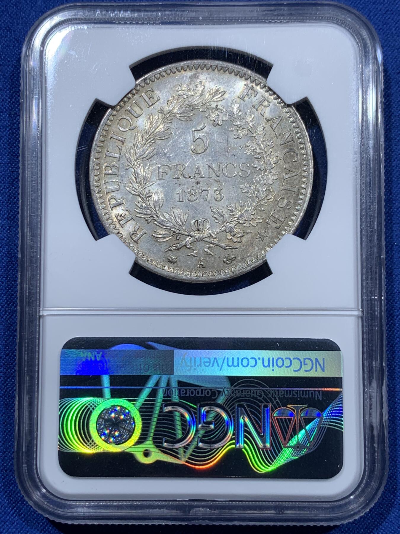 《竞宝斋》第360场 周日，周一  2场连拍 （全场包邮） NGC MS62 法国 1873A 大力神5法郎银币 底板光度都不错 略低评