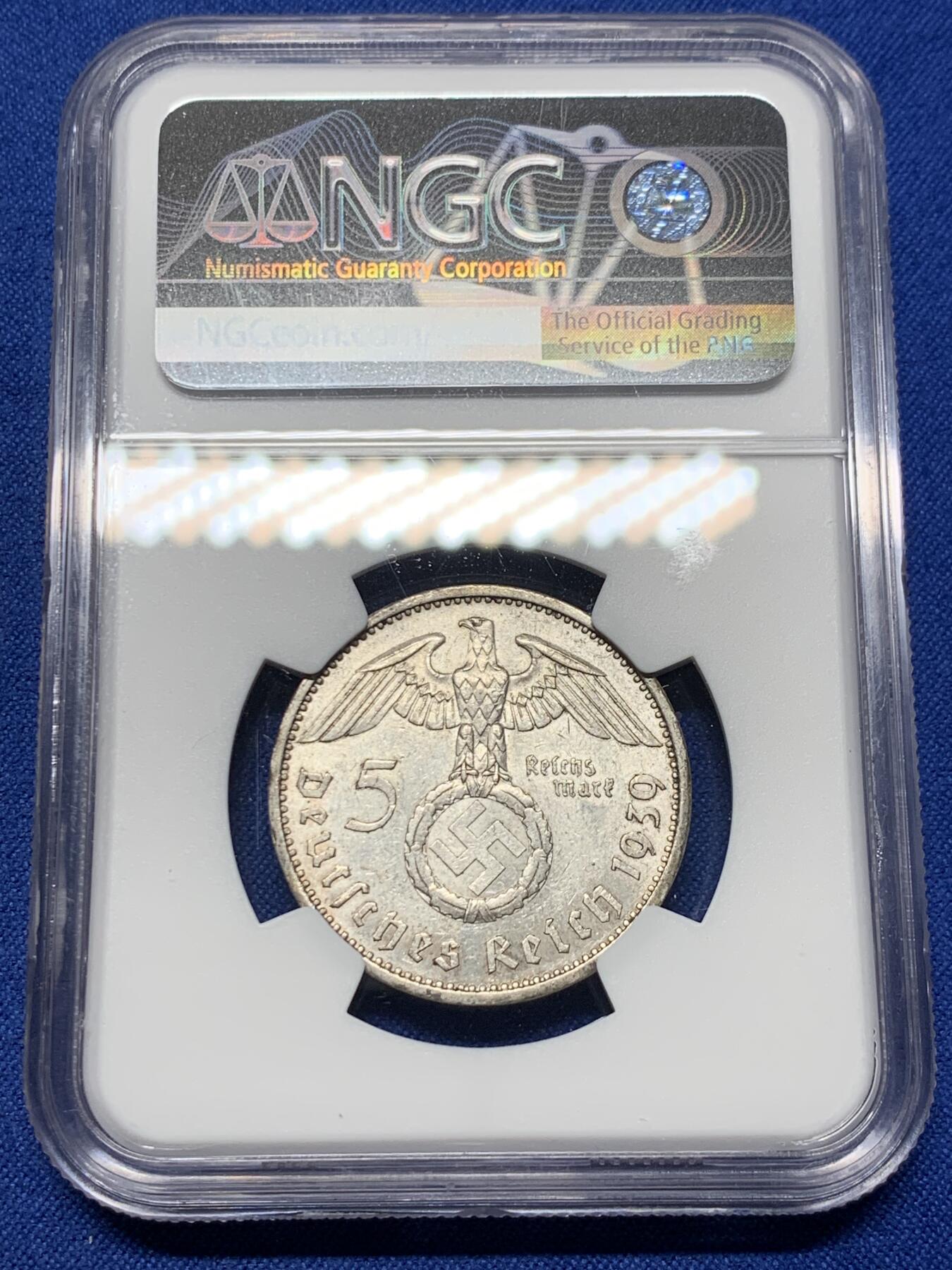 《竞宝斋》第360场 周日，周一  2场连拍 （全场包邮） NGC AU58 德国1939年A版兴登堡5马克银币