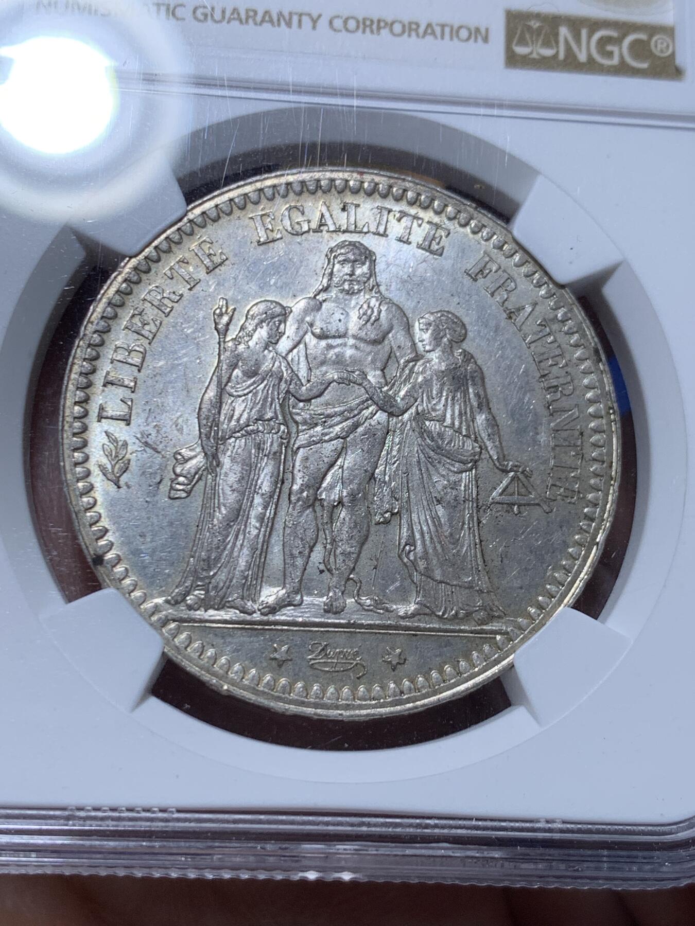 《竞宝斋》第360场 周日，周一  2场连拍 （全场包邮） NGC MS62 法国 1873A 大力神5法郎银币 底板光度都不错 略低评