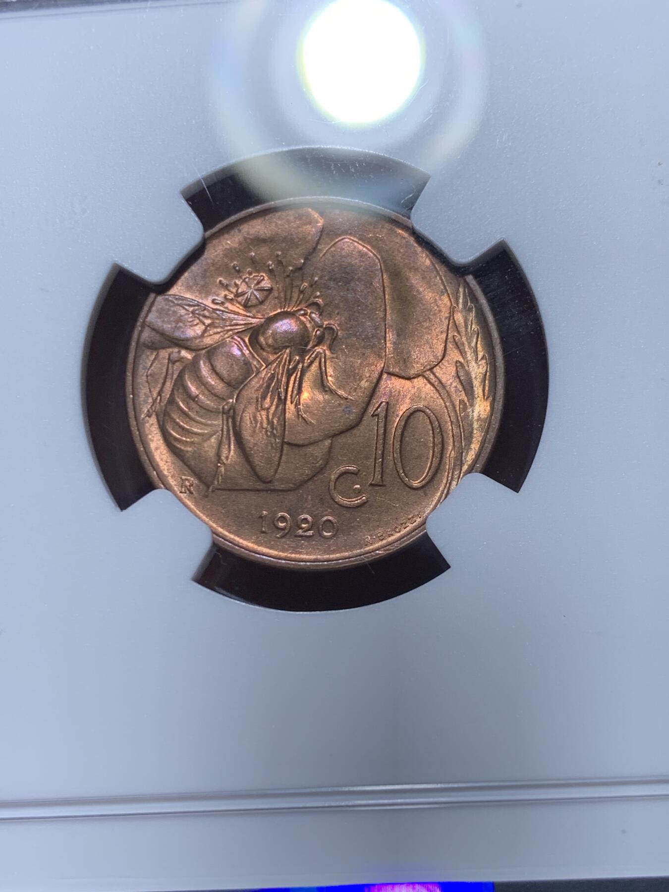 《竞宝斋》第360场 周日，周一  2场连拍 （全场包邮） NGC MS64RB 意大利1920年蜜蜂10分，铜光一流，意大利名誉品种，百年RB难得