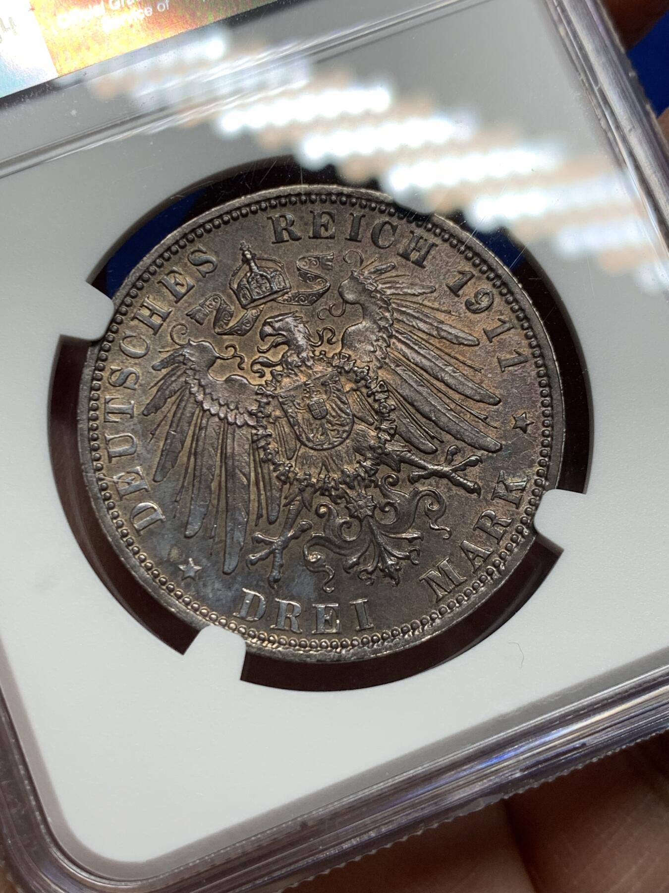 《竞宝斋》第360场 周日，周一  2场连拍 （全场包邮） NGC MS63  德国1911年巴伐利亚利奥波德3马克银币