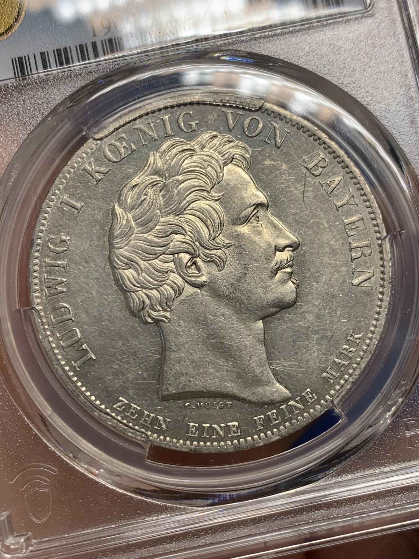 《竞宝斋》第360场 周日，周一  2场连拍 （全场包邮） PCGS AU55 德国 1827 路德维希一世 巴伐利亚-符腾堡州海关条约纪念大泰勒大银币 少见品种