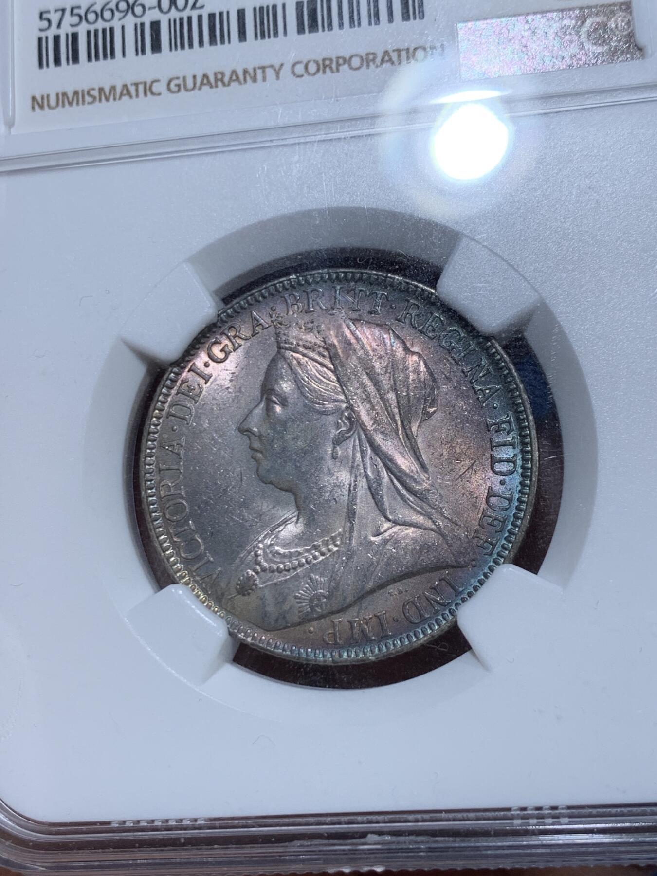 《竞宝斋》第360场 周日，周一  2场连拍 （全场包邮） NGC MS62 英国老维1900年2先令（1福洛林）银币 低评好彩