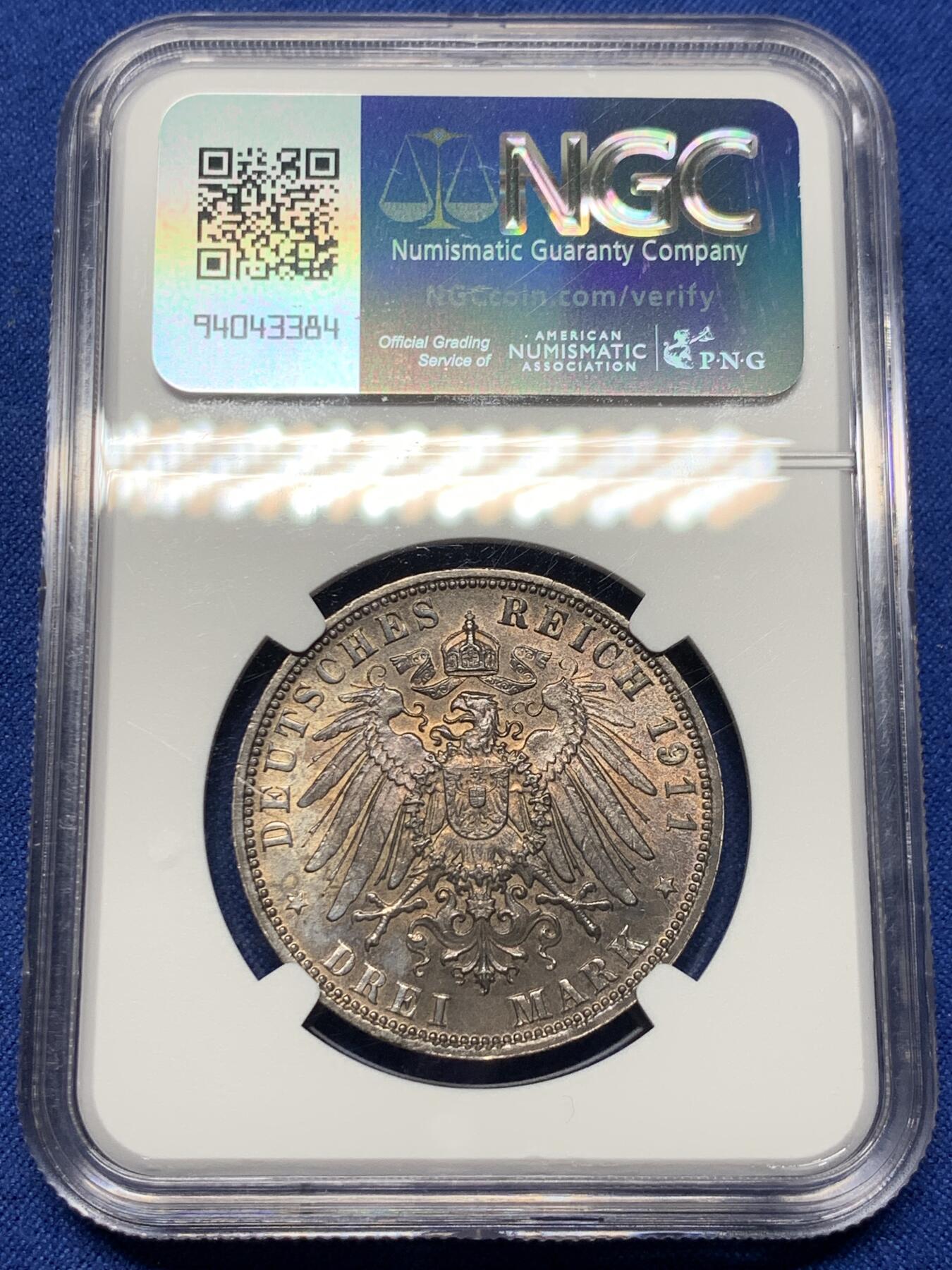 《竞宝斋》第360场 周日，周一  2场连拍 （全场包邮） NGC MS63  德国1911年巴伐利亚利奥波德3马克银币