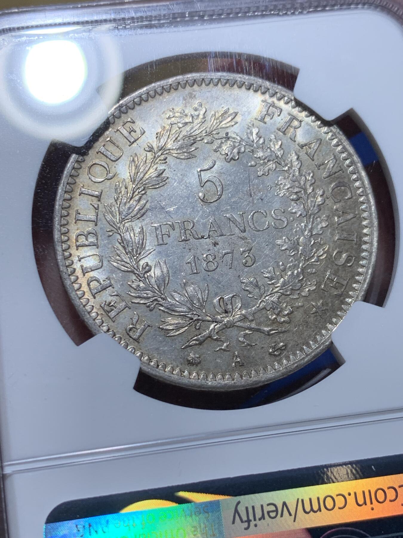 《竞宝斋》第360场 周日，周一  2场连拍 （全场包邮） NGC MS62 法国 1873A 大力神5法郎银币 底板光度都不错 略低评