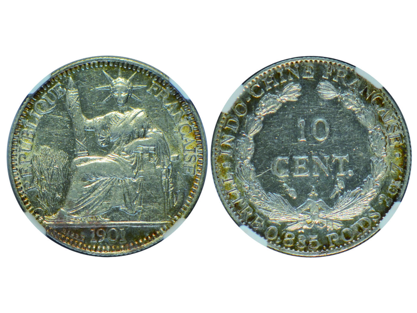 冠军2025年4月8日香港拍卖 （1）1892年A法屬印度支那1分銅幣，NGC AU 58 BN
（2）1901年A法屬印度支那10分銀幣，NGC AU DETAILS
（3）1900年A法屬印度支那20分銀幣，NGC AU55
（4）1920年法屬印度支那20分銀幣，NGC UNC DETAILS
共4枚，包克收藏