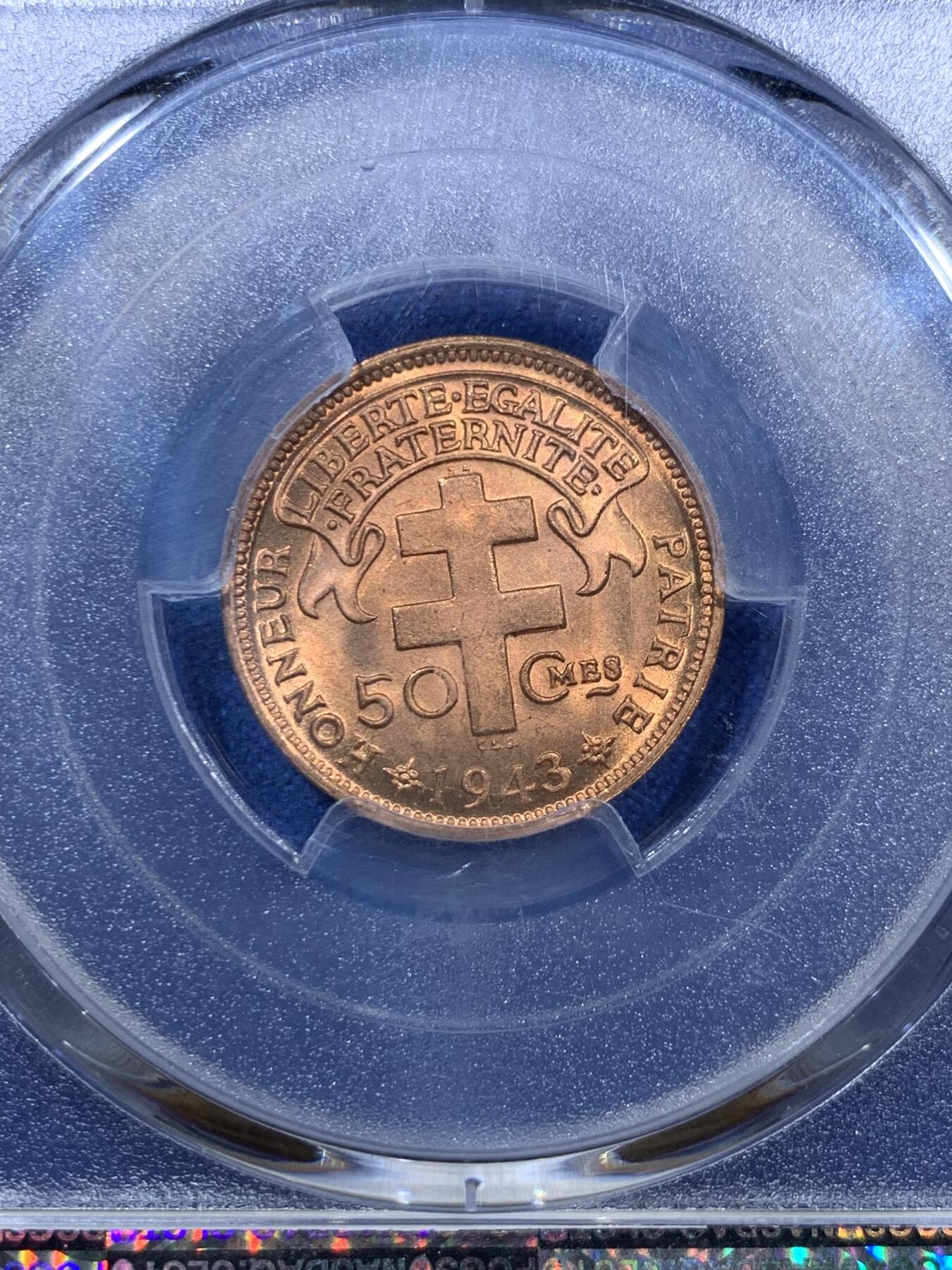 《竞宝斋》第360场 周日，周一  2场连拍 （全场包邮） PCGS MS65RD 喀麦隆1943年50分铜币 原光好品 高分难得