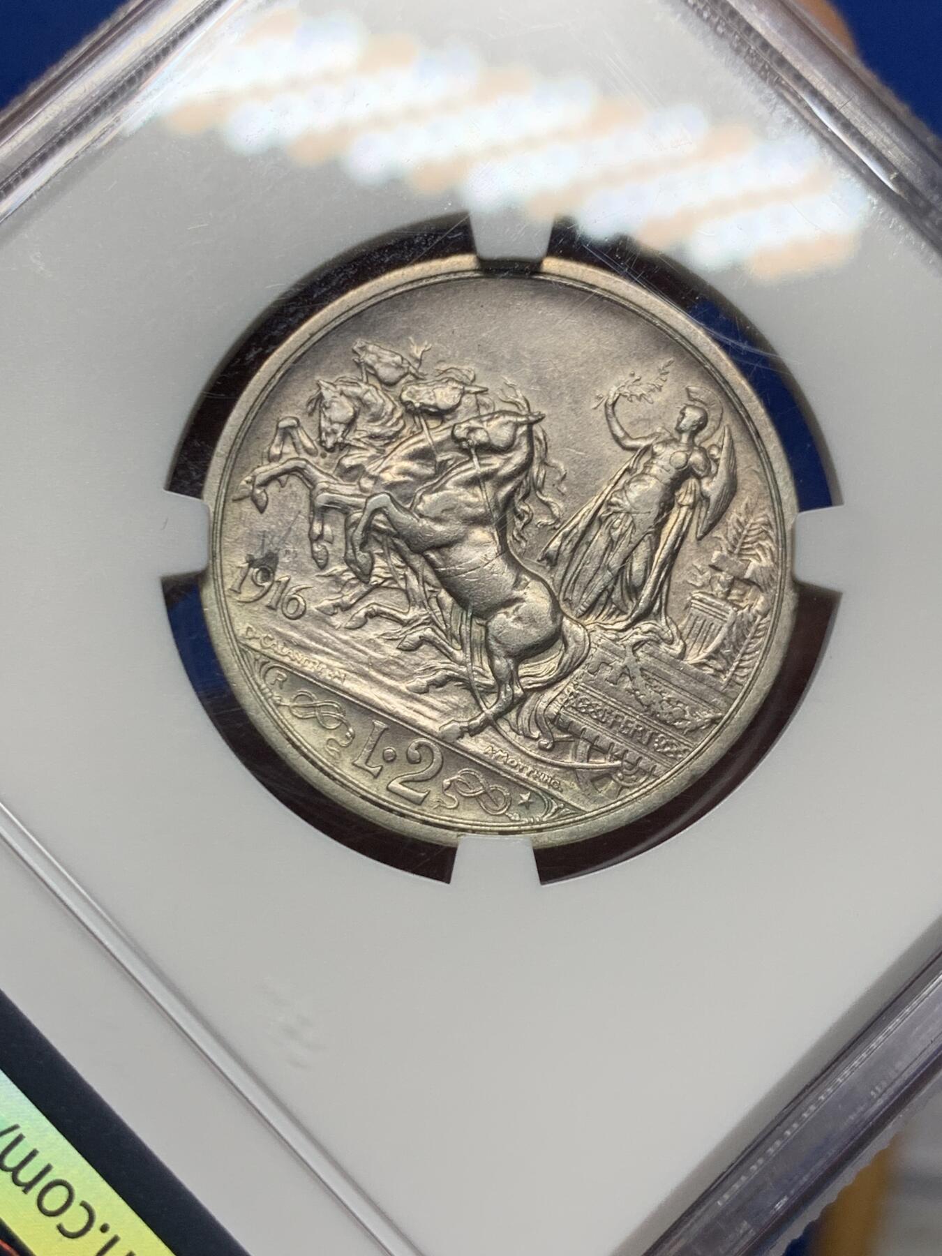 《竞宝斋》第360场 周日，周一  2场连拍 （全场包邮） NGC AU50 意大利1916年埃马努埃莱三世马车2里拉银币 经典意大利马车设计