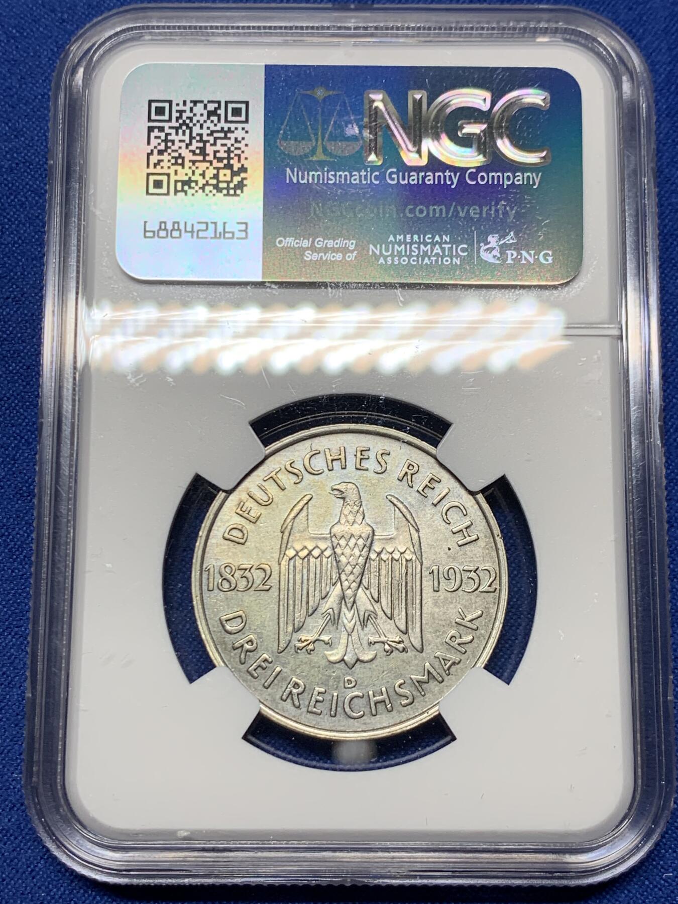 《竞宝斋》第360场 周日，周一  2场连拍 （全场包邮） NGC UNCD 德国魏玛1932F歌德逝世百年3马克银币