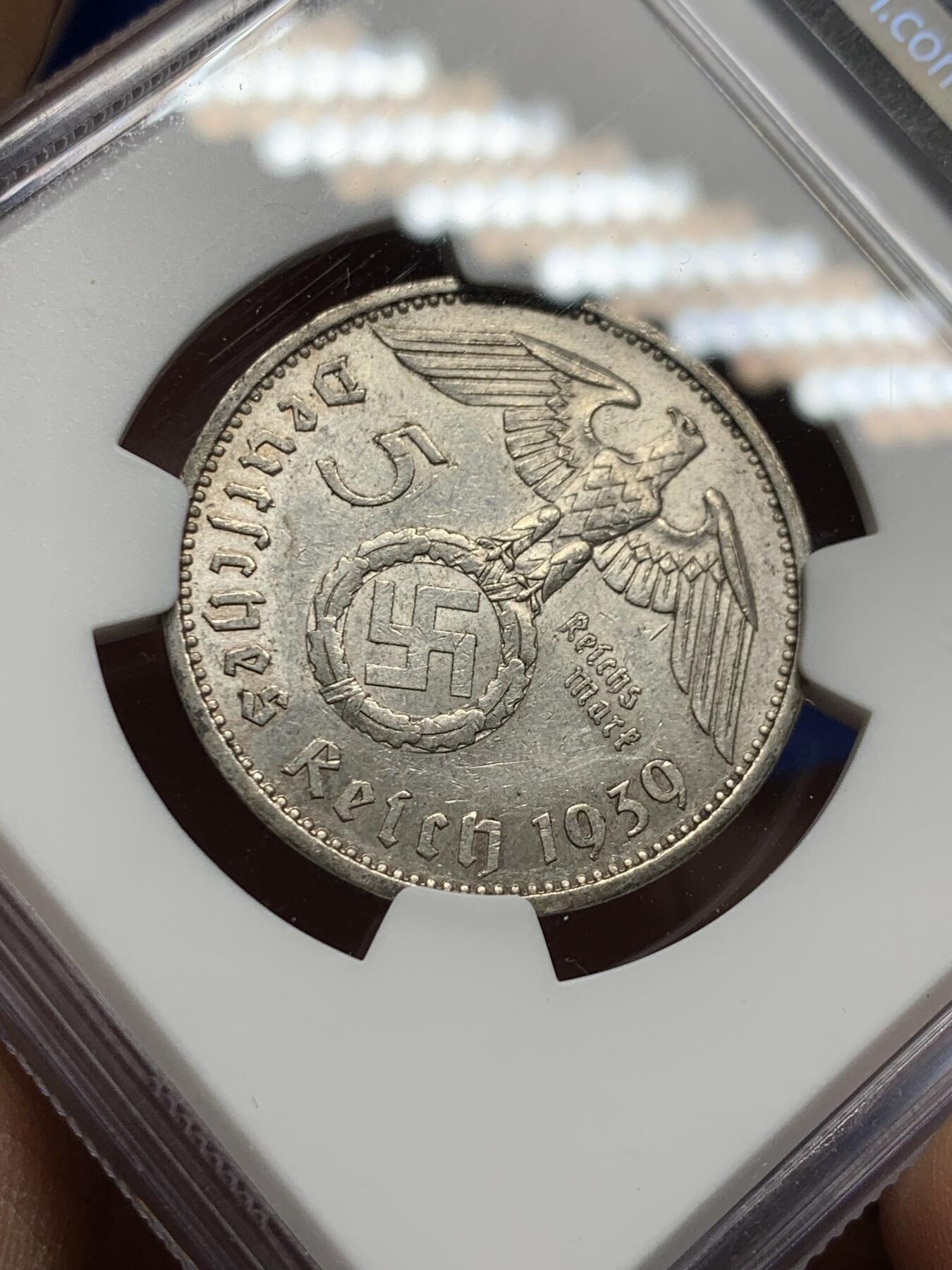 《竞宝斋》第360场 周日，周一  2场连拍 （全场包邮） NGC AU58 德国1939年A版兴登堡5马克银币