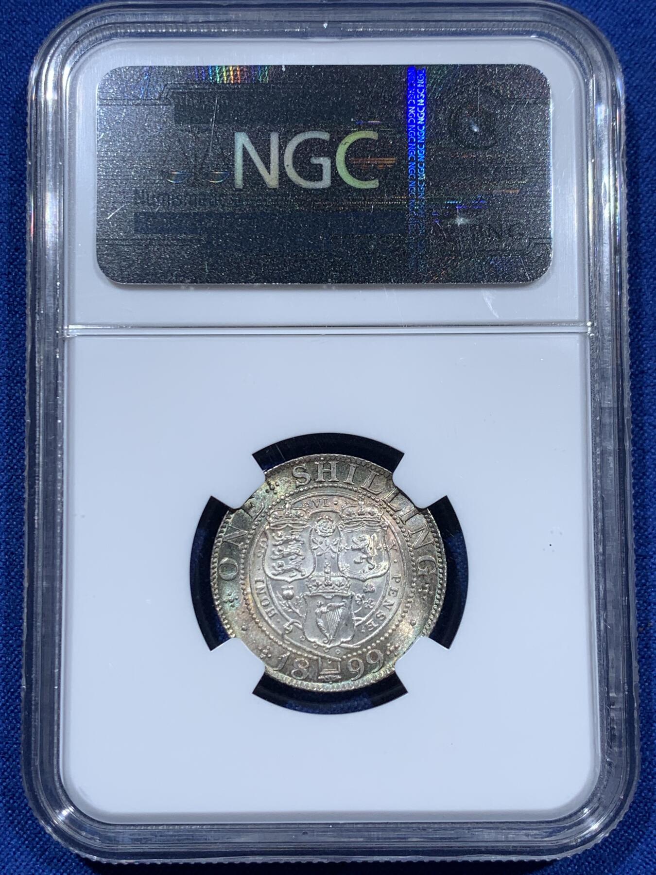 《竞宝斋》第360场 周日，周一  2场连拍 （全场包邮） NGC MS64 英国 1899年 维多利亚 披纱 1先令 银币 原光五彩