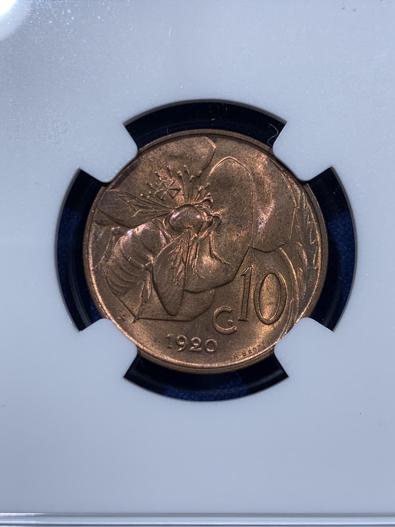 《竞宝斋》第360场 周日，周一  2场连拍 （全场包邮） NGC MS64RB 意大利1920年蜜蜂10分，铜光一流，意大利名誉品种，百年RB难得