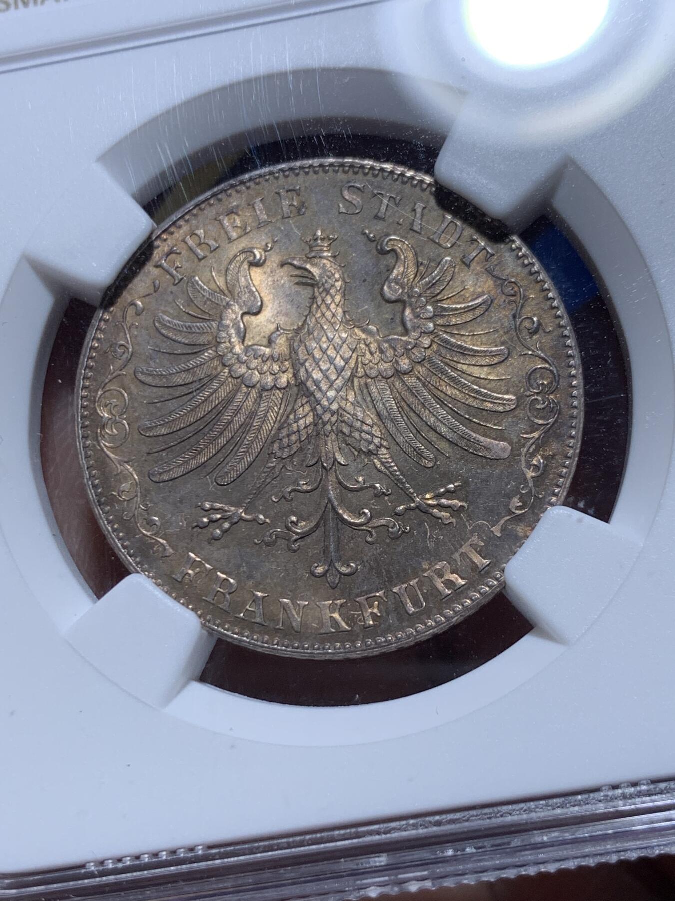 《竞宝斋》第360场 周日，周一  2场连拍 （全场包邮） NGC MS64 德国 1851年 法兰克福 1盾 银币 稀少小面值