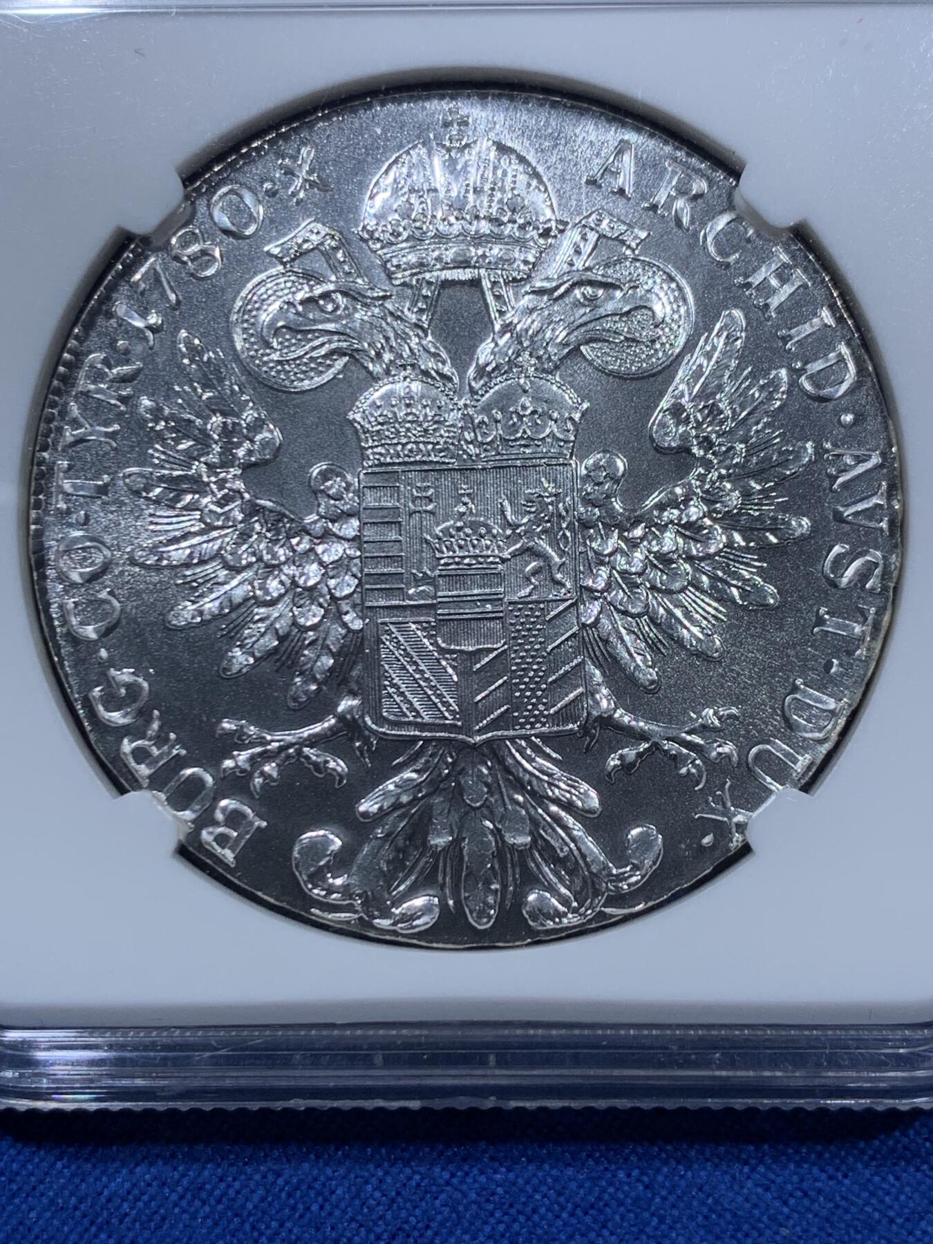 《竞宝斋》第360场 周日，周一  2场连拍 （全场包邮） NGC MS66 奥匈帝国1780年奥地利女王大奶妈1泰勒 官方后铸版银币