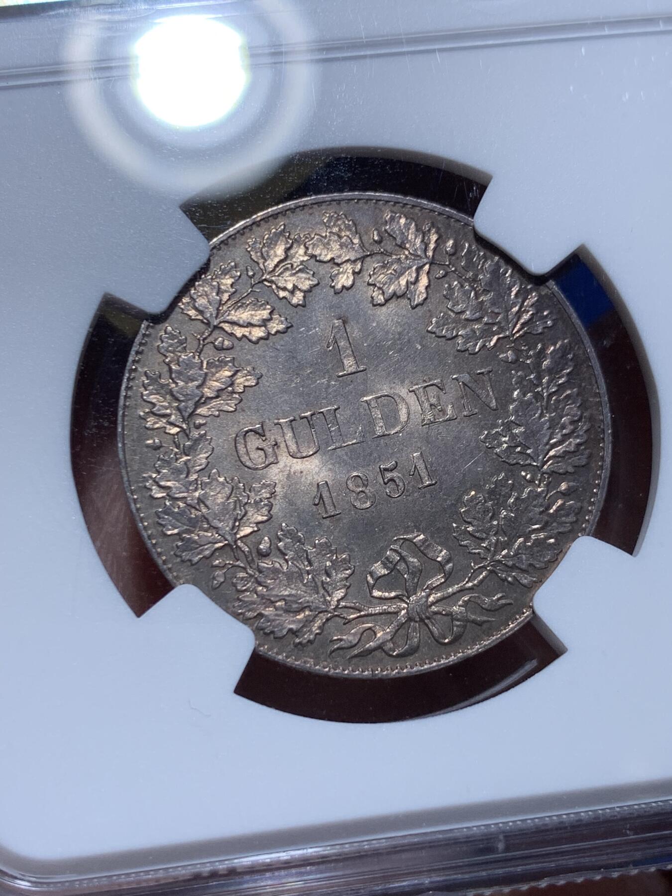 《竞宝斋》第360场 周日，周一  2场连拍 （全场包邮） NGC MS64 德国 1851年 法兰克福 1盾 银币 稀少小面值