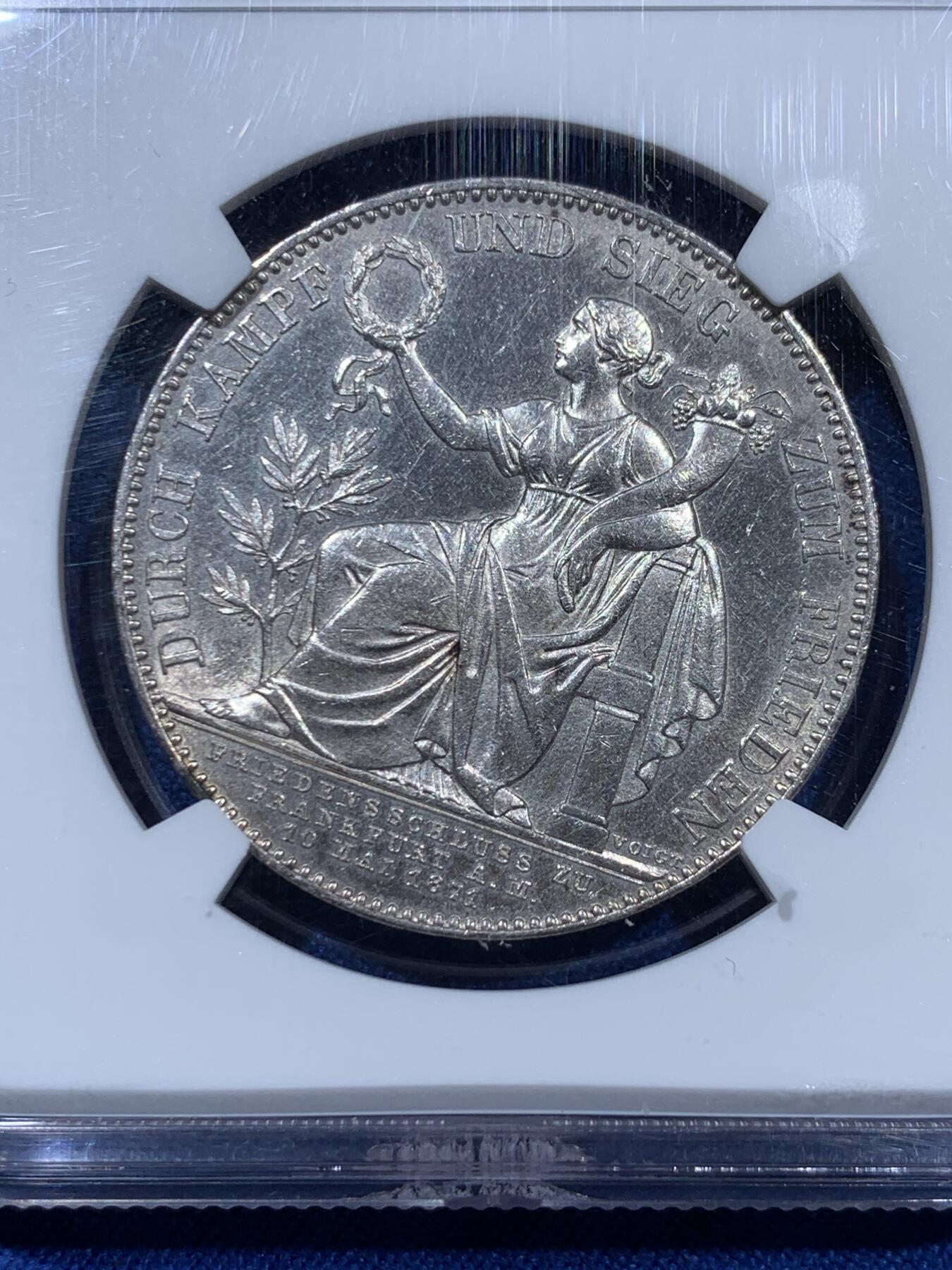 《竞宝斋》第360场 周日，周一  2场连拍 （全场包邮） NGC MS61 德国1871年普法战争胜利泰勒银币 币面光度好，人物细节到位，上海严评。