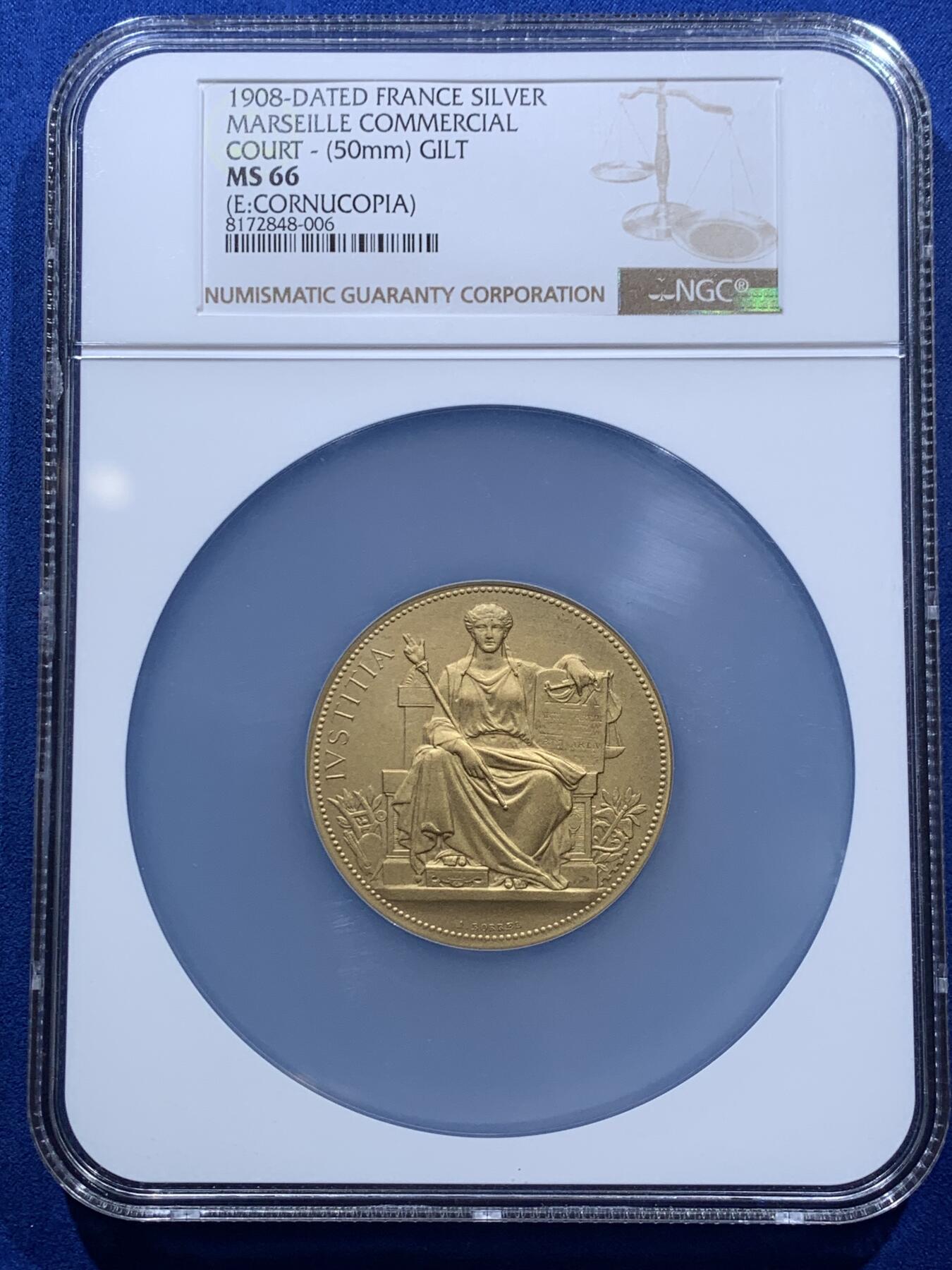 《竞宝斋》第360场 周日，周一  2场连拍 （全场包邮） NGC MS66 超高分 1908法国马赛商业法庭镀金银章 带原盒 重量：66克