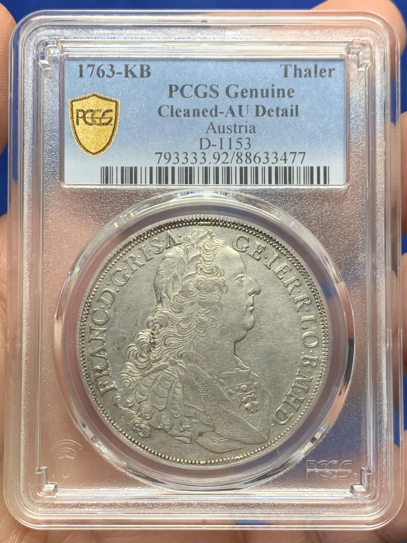 《竞宝斋》第360场 周日，周一  2场连拍 （全场包邮） PCGS AU 奥地利帝国 1763年 弗朗西斯一世 泰勒大银币 高点俱在 感觉低评了