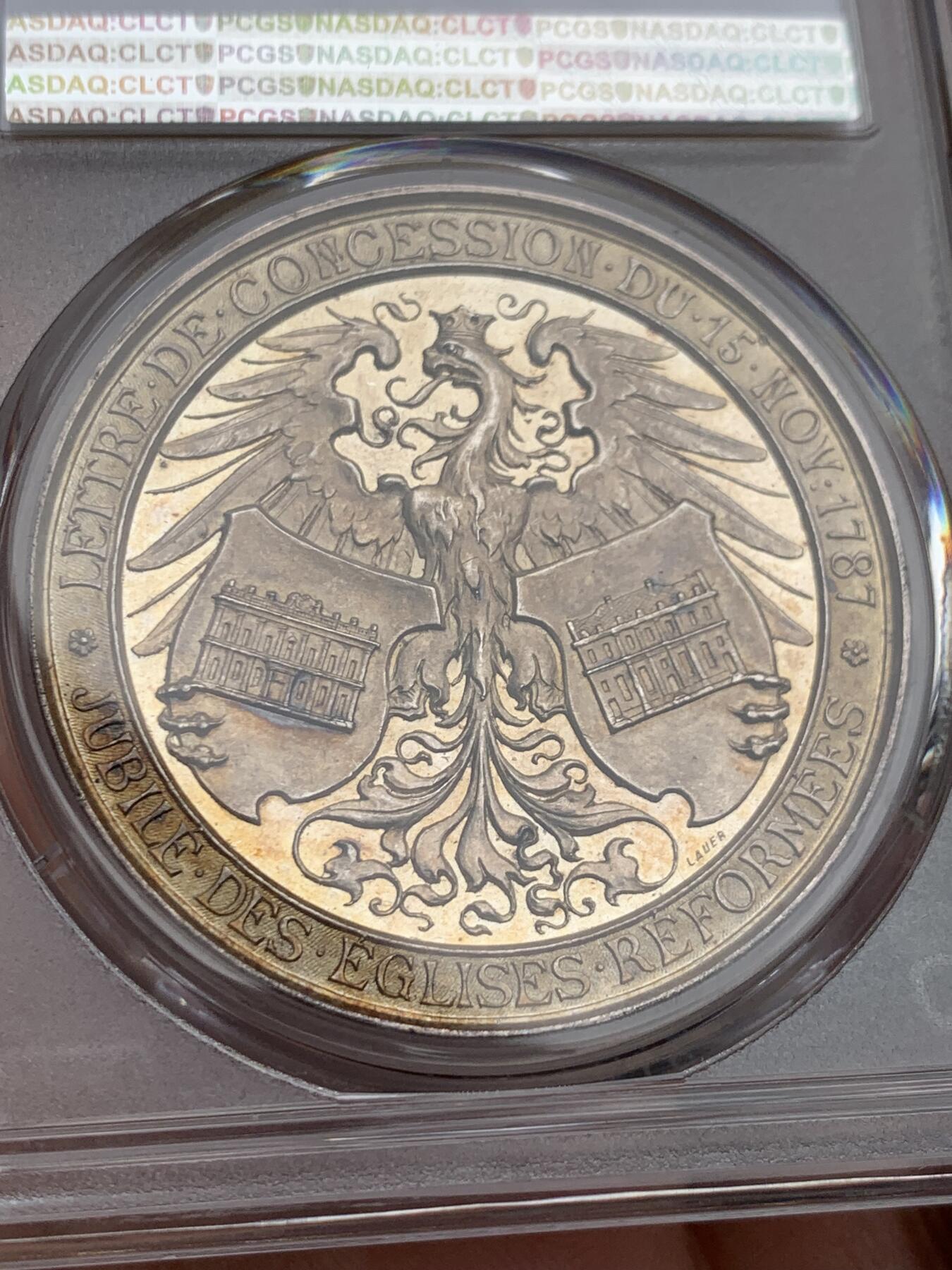 《竞宝斋》第360场 周日，周一  2场连拍 （全场包邮） PCGS SP64 德国 1887年 法兰克福-纪念法兰西与德意志宗教改革100周年大银章 唯一冠军分 极其稀少 背面鹰徽堪称登峰造极的美学典范 最新裸章成交价5400元